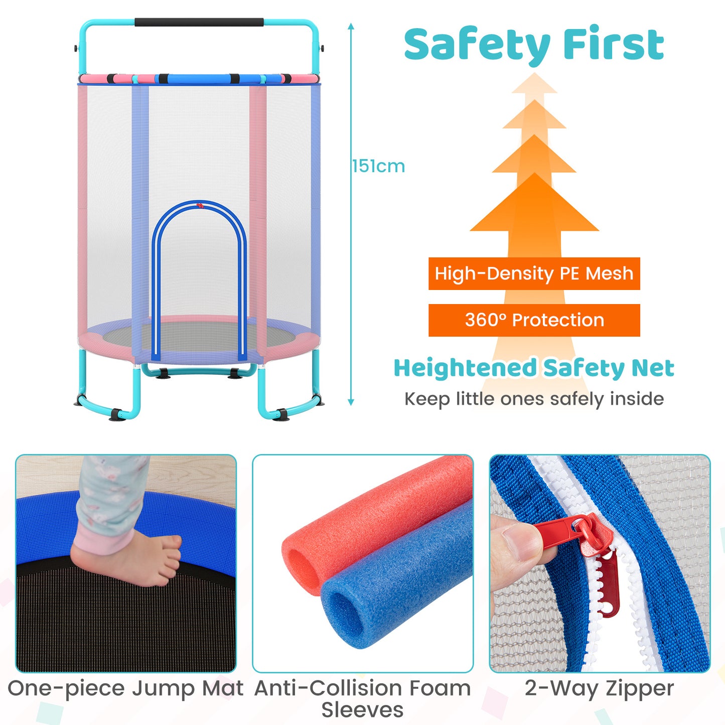 Costway 6-in-1 Kindertrampoline met Veiligheidsnet en Thermisch Verzinkt Metalen Frame 140 x 140 x 214 cm Blauw