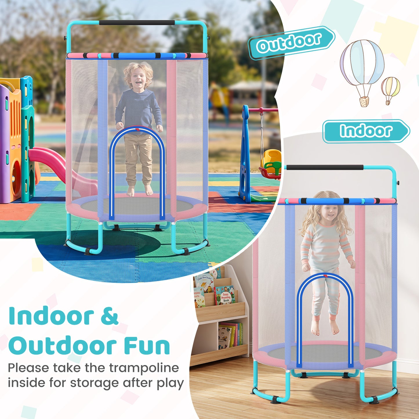 Costway 6-in-1 Kindertrampoline met Veiligheidsnet en Thermisch Verzinkt Metalen Frame 140 x 140 x 214 cm Blauw