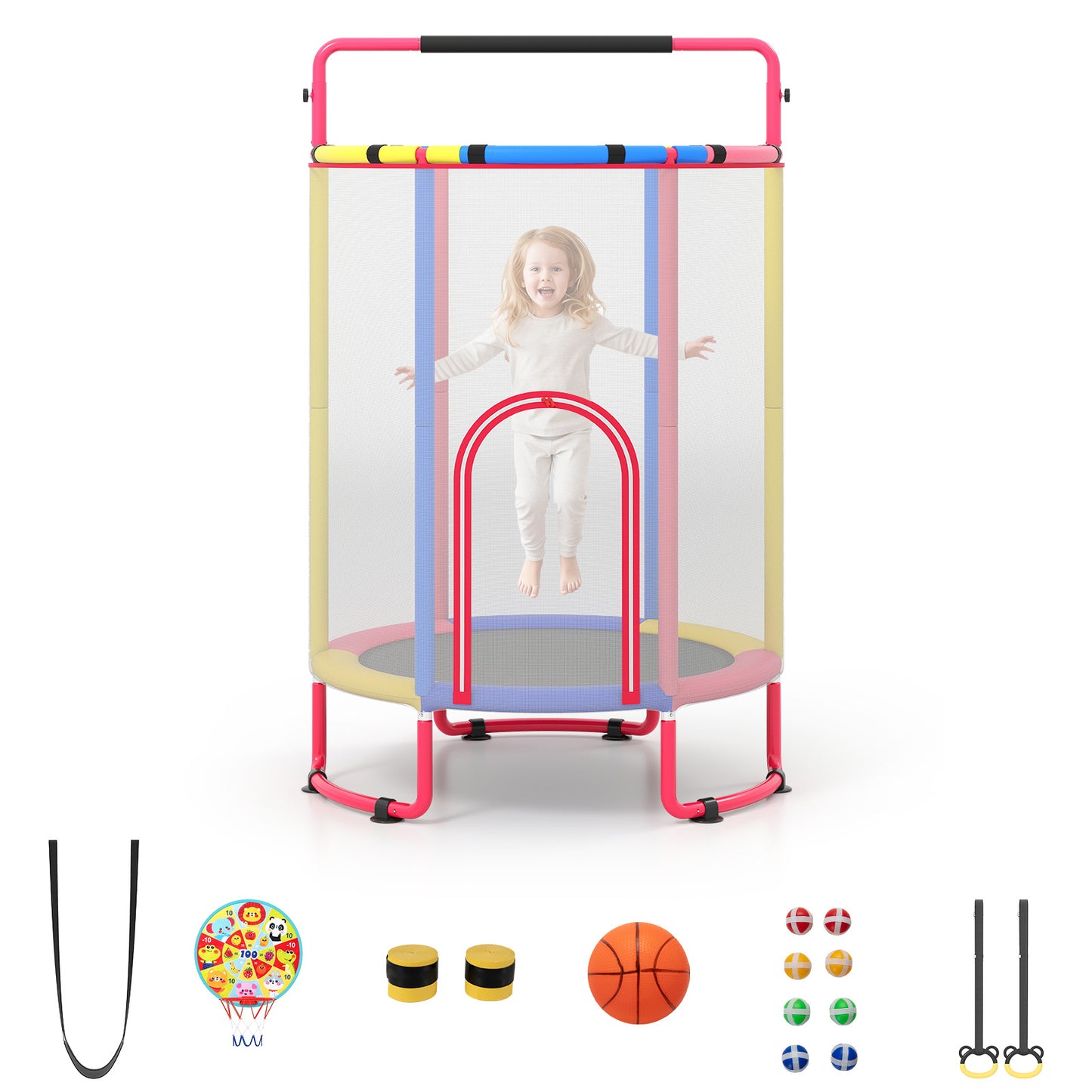 Costway 6-in-1 Kindertrampoline met Veiligheidsnet en Thermisch Verzinkt Metalen Frame 140 x 140 x 214 cm Multicolor