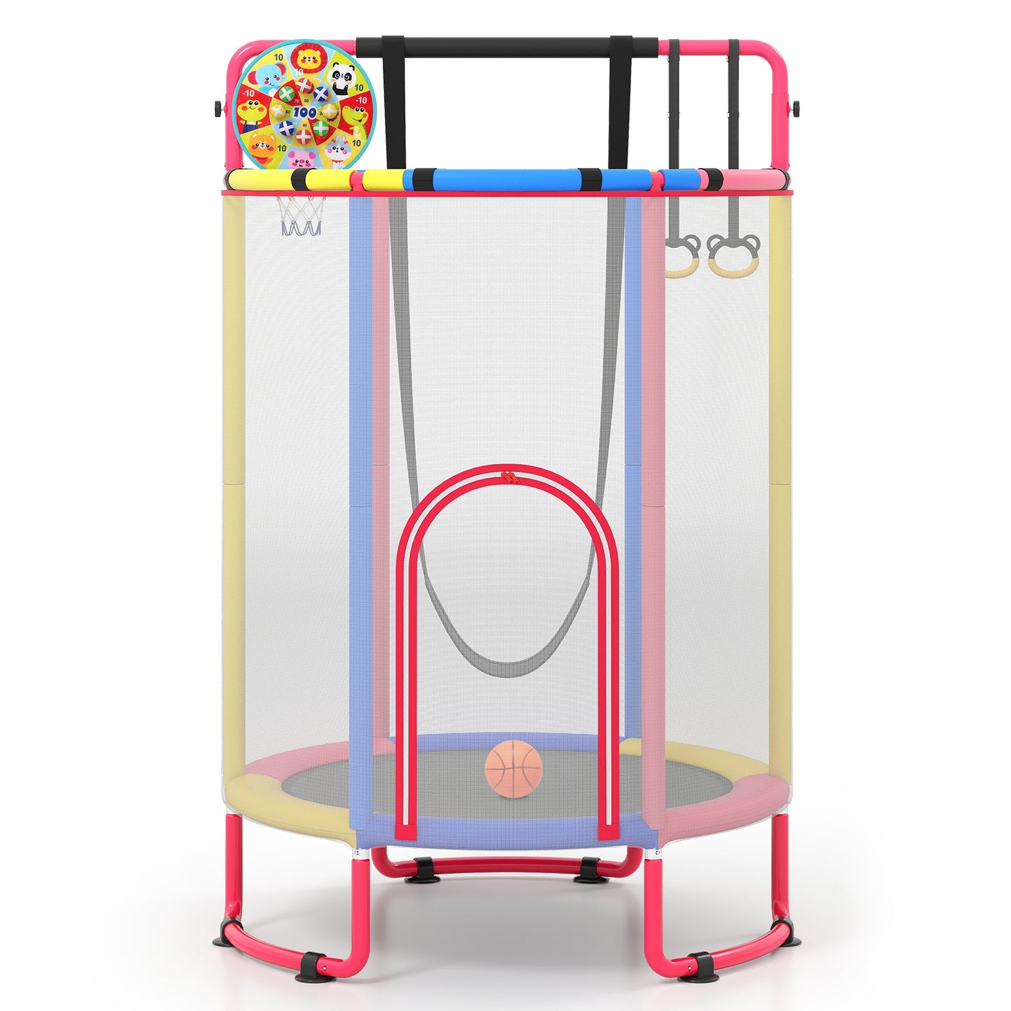 Costway 6-in-1 Kindertrampoline met Veiligheidsnet en Thermisch Verzinkt Metalen Frame 140 x 140 x 214 cm Multicolor