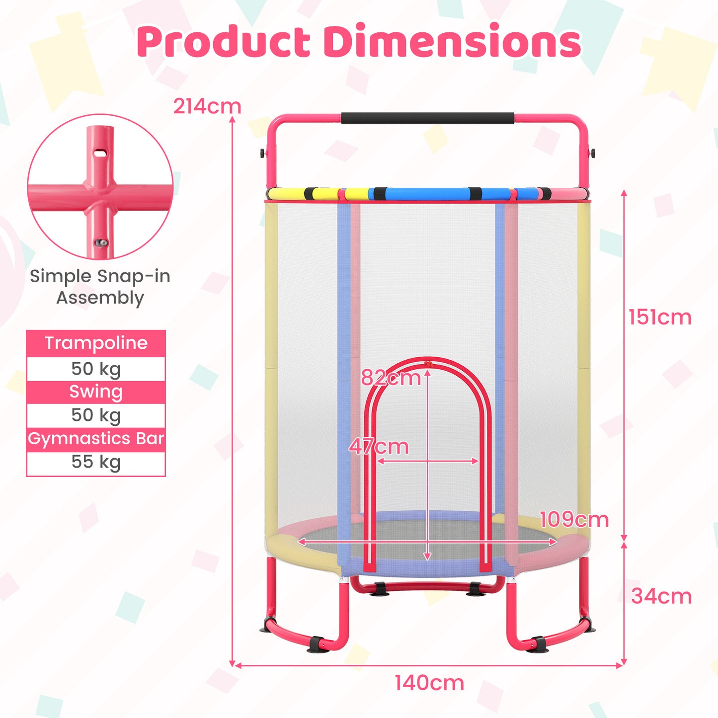 Costway 6-in-1 Kindertrampoline met Veiligheidsnet en Thermisch Verzinkt Metalen Frame 140 x 140 x 214 cm Multicolor