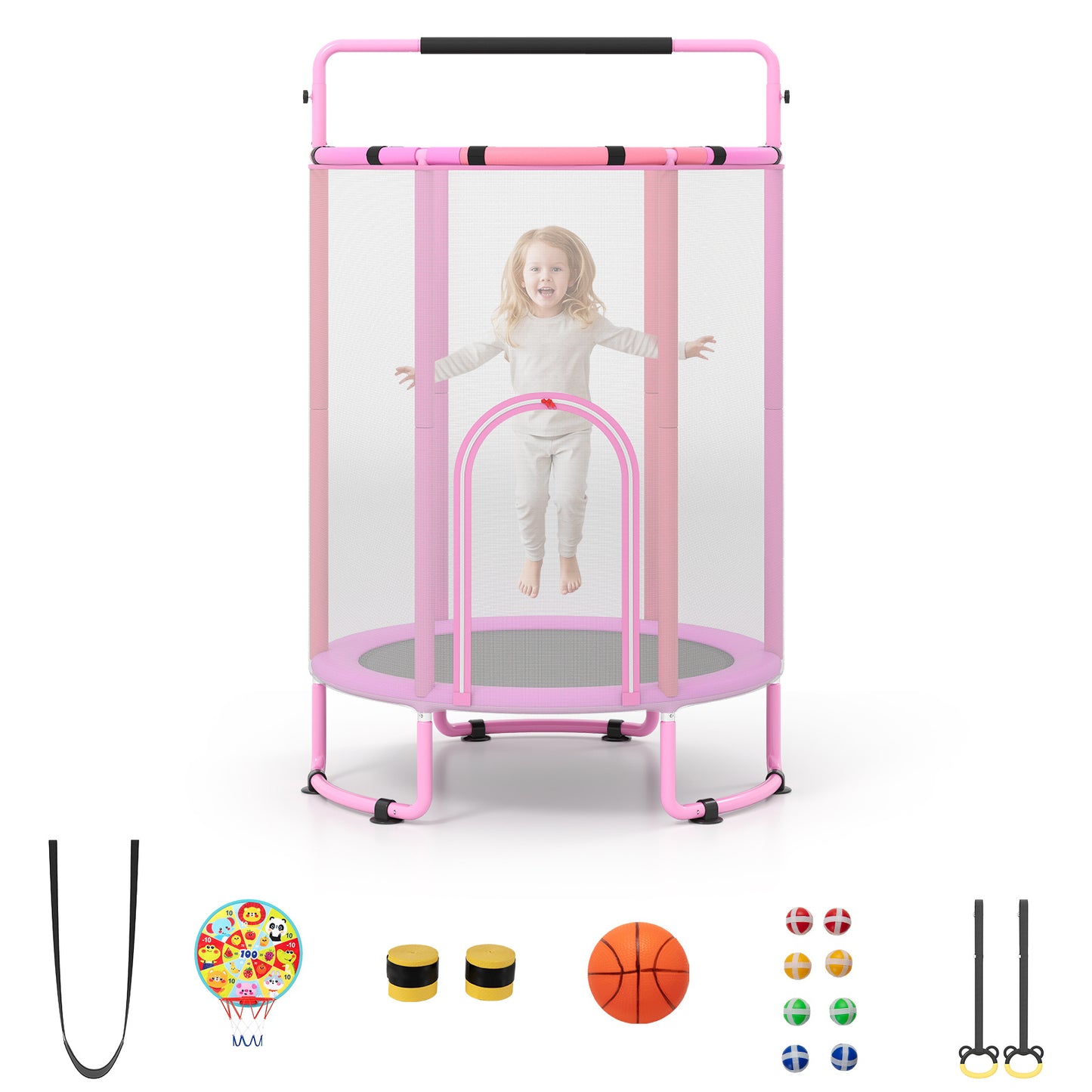 Costway 6-in-1 Kindertrampoline met Veiligheidsnet en Thermisch Verzinkt Metalen Frame 140 x 140 x 214 cm Roze