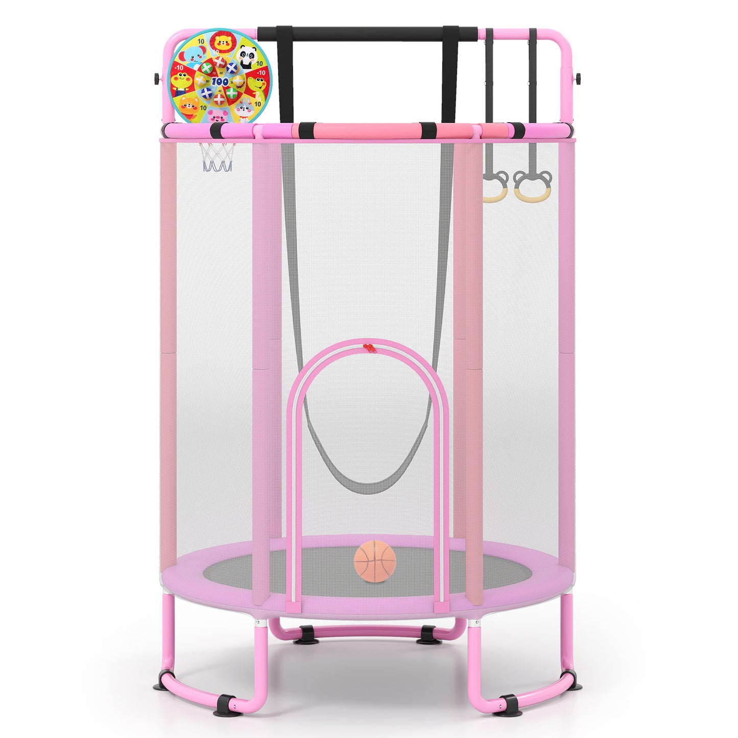 Costway 6-in-1 Kindertrampoline met Veiligheidsnet en Thermisch Verzinkt Metalen Frame 140 x 140 x 214 cm Roze