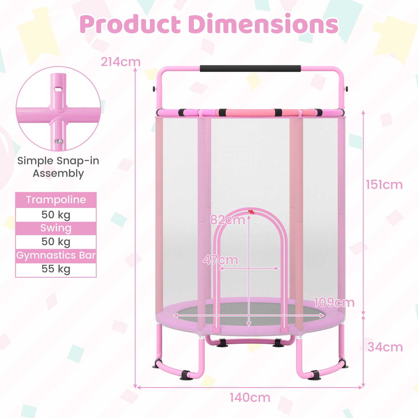 Costway 6-in-1 Kindertrampoline met Veiligheidsnet en Thermisch Verzinkt Metalen Frame 140 x 140 x 214 cm Roze