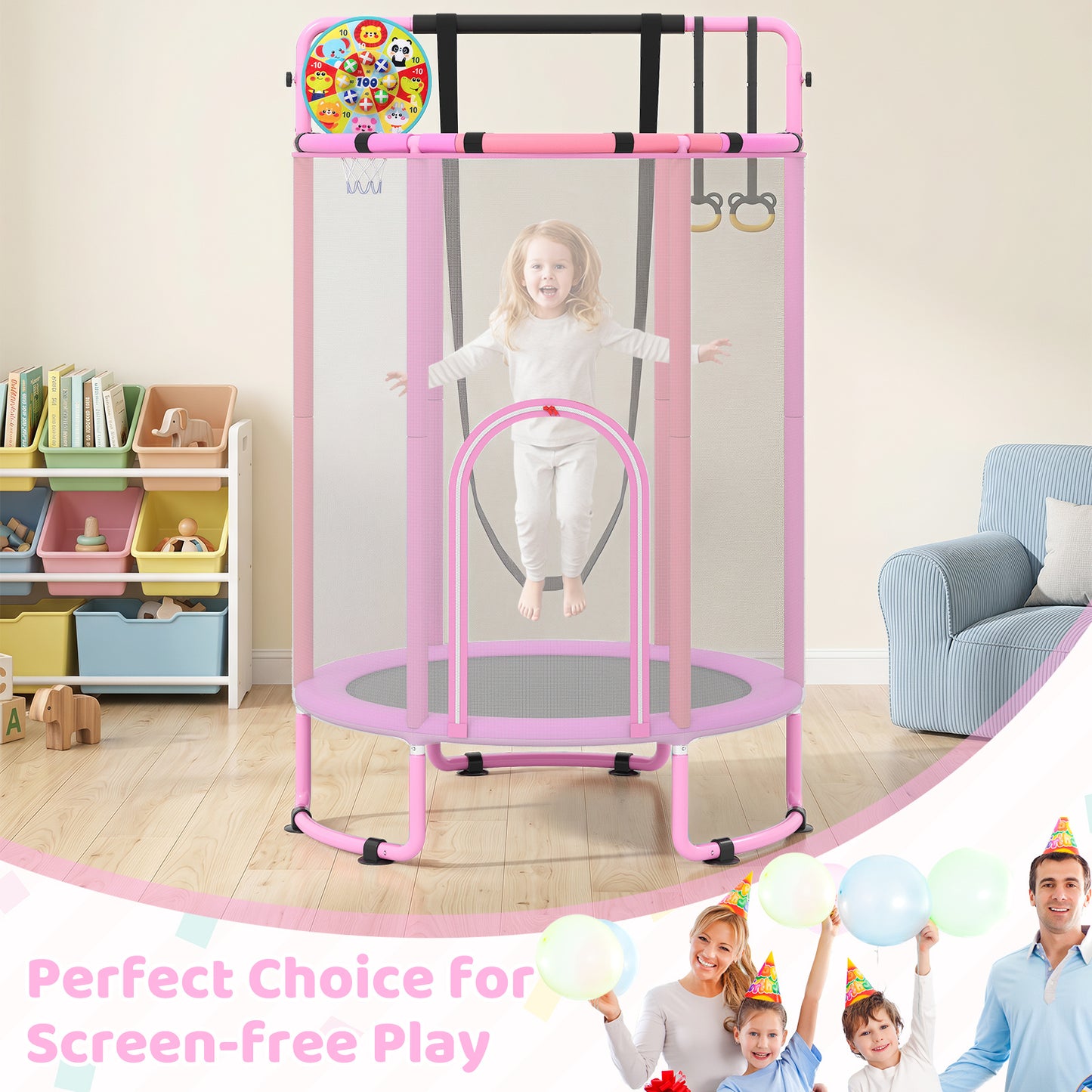 Costway 6-in-1 Kindertrampoline met Veiligheidsnet en Thermisch Verzinkt Metalen Frame 140 x 140 x 214 cm Roze