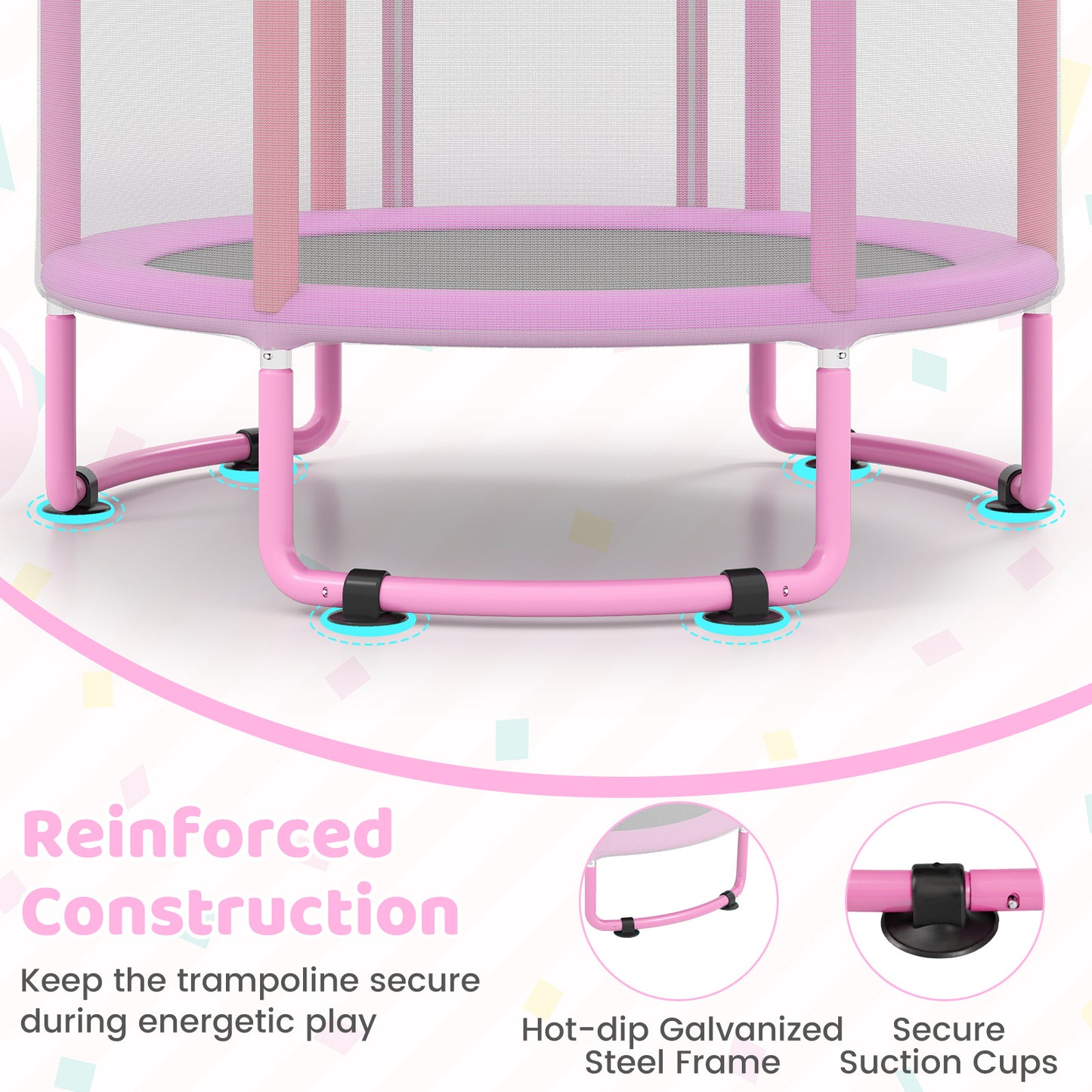 Costway 6-in-1 Kindertrampoline met Veiligheidsnet en Thermisch Verzinkt Metalen Frame 140 x 140 x 214 cm Roze