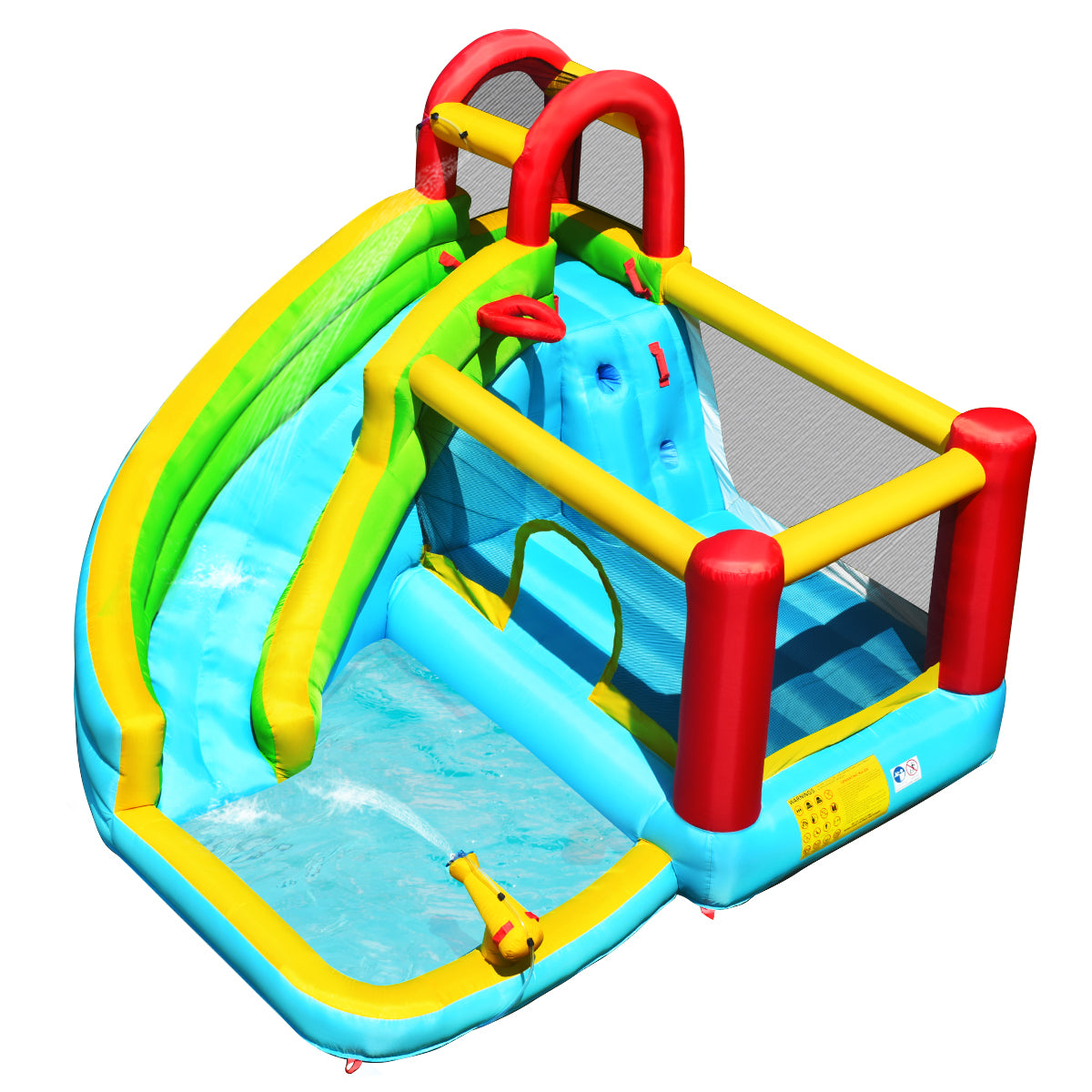 Costway 6 in 1 Springkasteel met Gebogen Glijbaan Springkasteel met Klimwand Zwembad Waterkanon Basketbalhoepel Draagvermogen 135kg