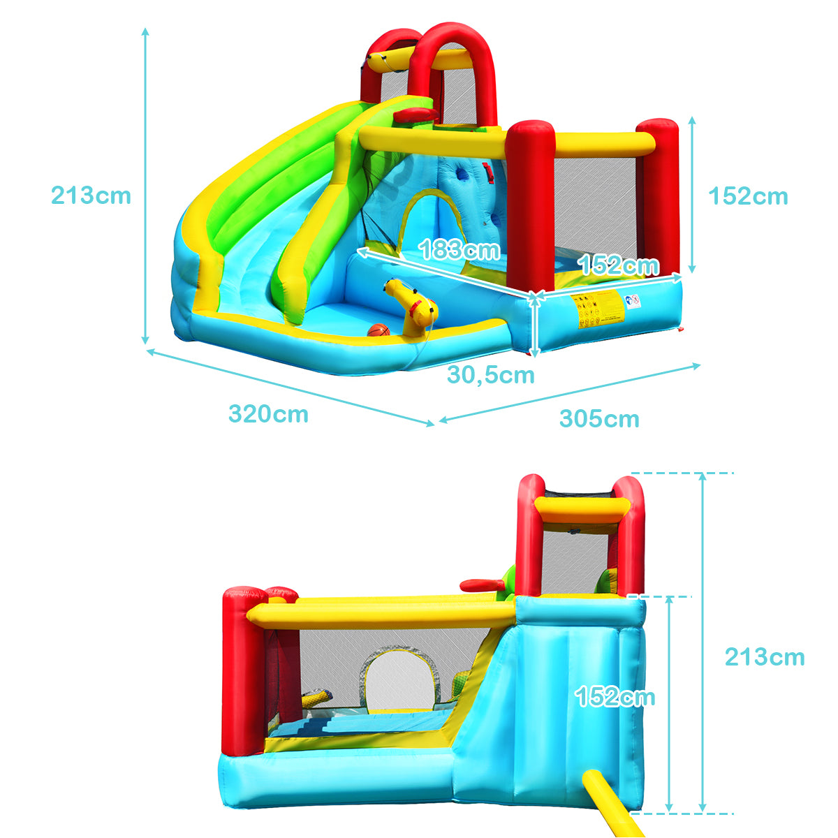 Costway 6 in 1 Springkasteel met Gebogen Glijbaan Springkasteel met Klimwand Zwembad Waterkanon Basketbalhoepel Draagvermogen 135kg