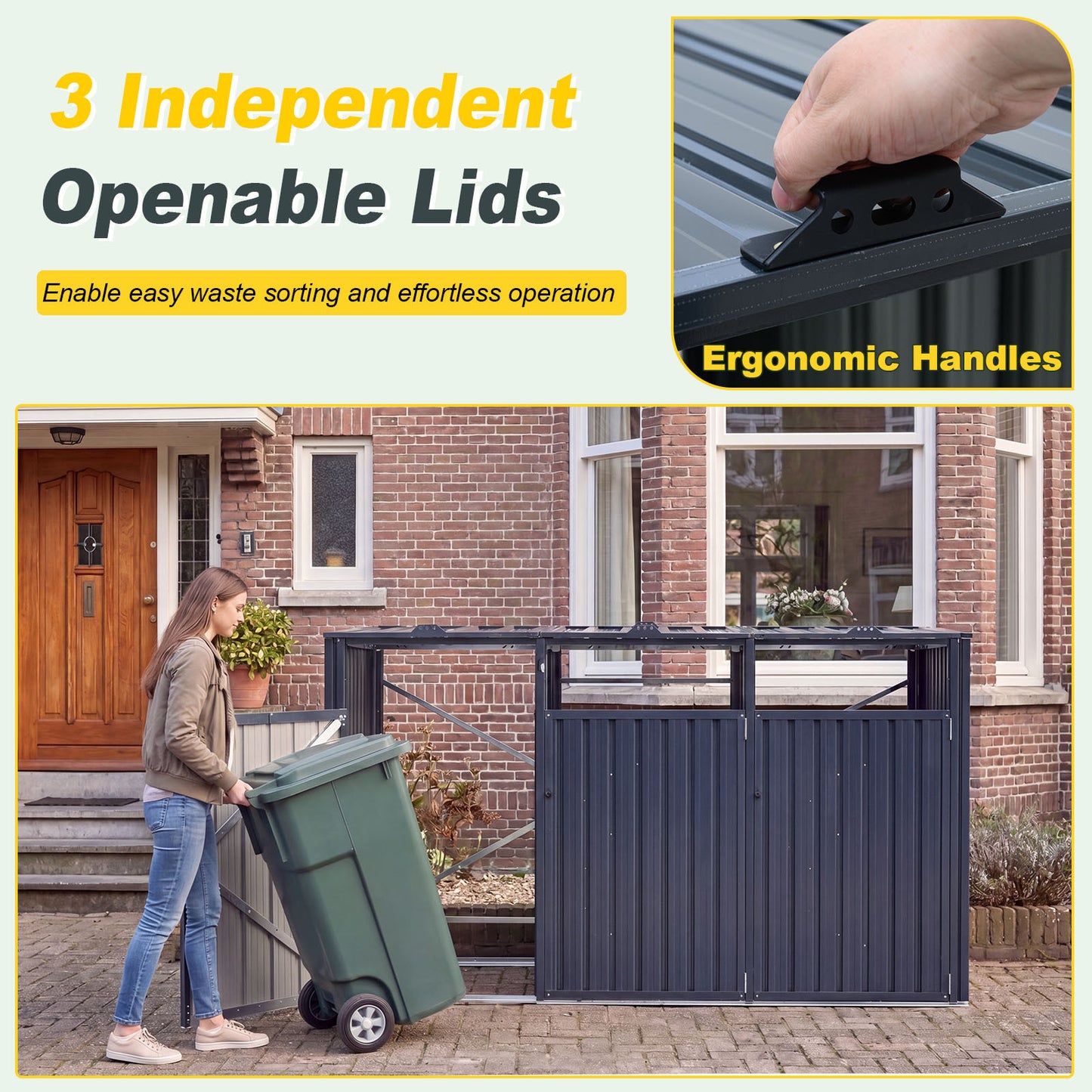 Costway Afvalcontainerbox voor 3 Containers Afdekking voor 3 Containers van Verzinkt Staal Grijs