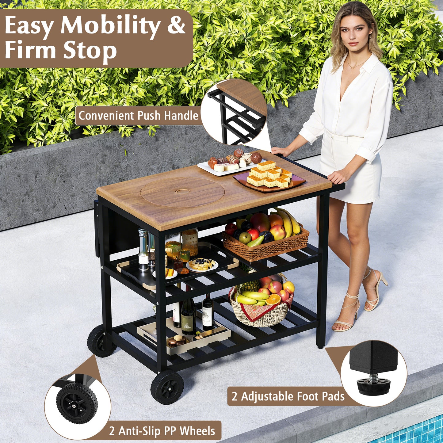 Costway Barbecuewagen voor Buiten Barbecuetafel op Wieltjes met Uitklapbare Zijtafel 2 Opbergvlakken