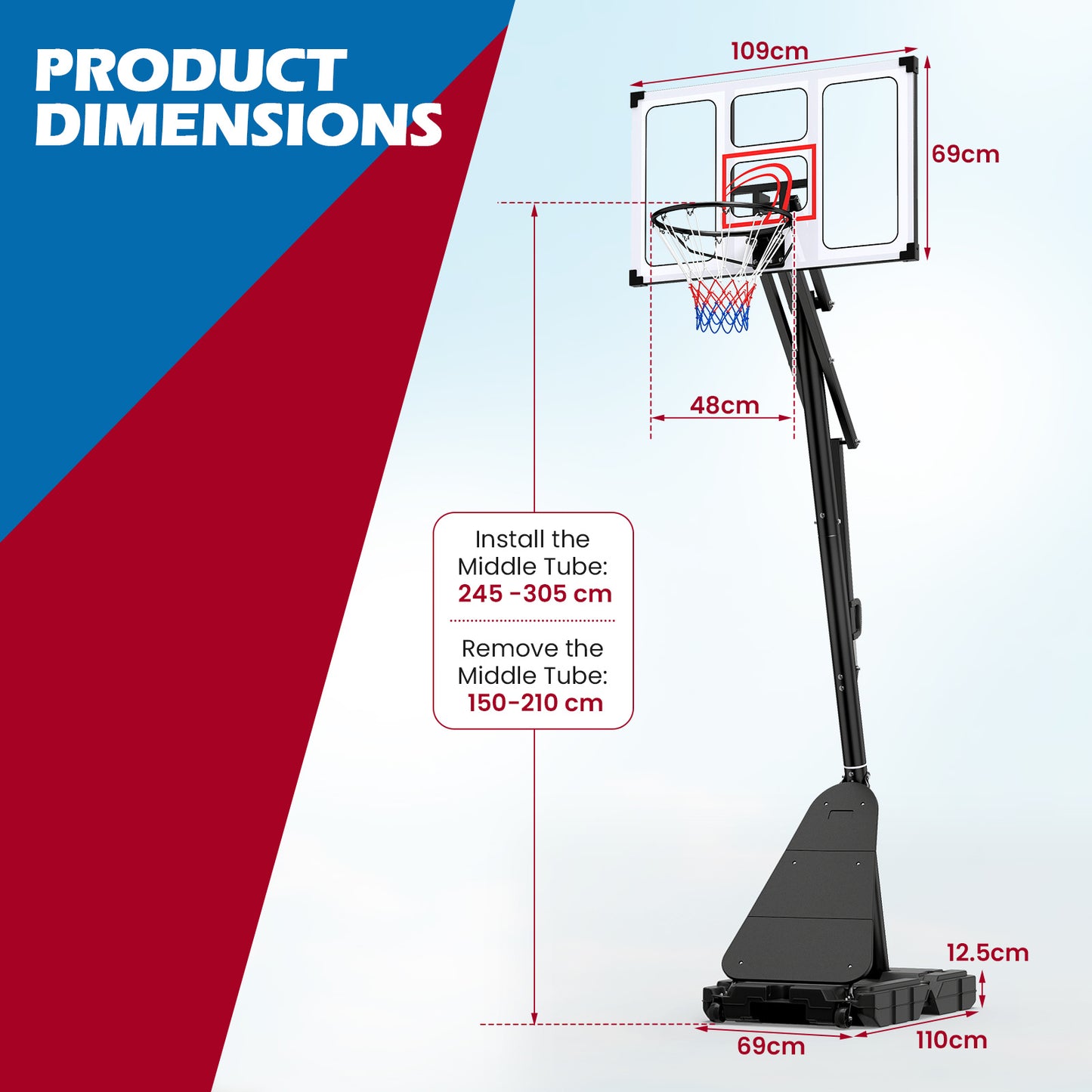 Costway Basketbalring met Wielen 150-305 cm in Hoogte Verstelbare Basketbalstandaard Basketbalsysteem