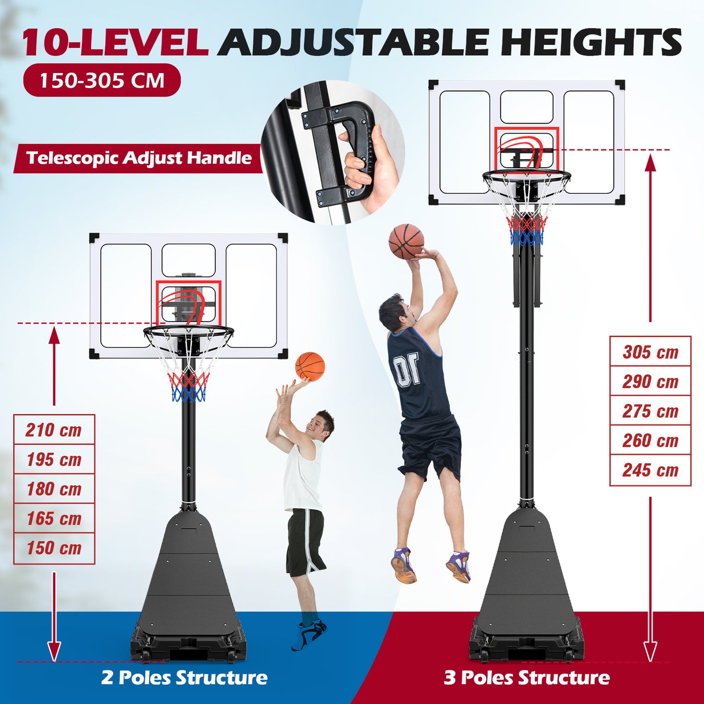 Costway Basketbalring met Wielen 150-305 cm in Hoogte Verstelbare Basketbalstandaard Basketbalsysteem