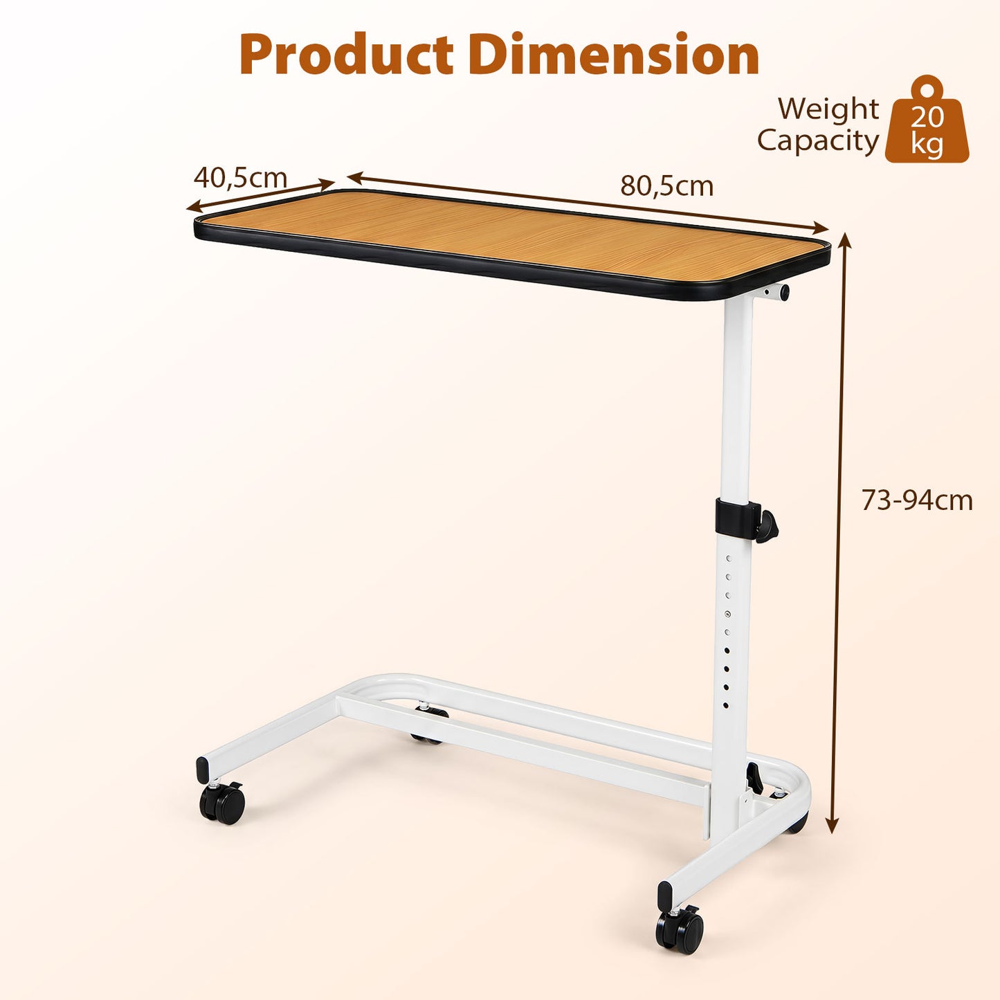 Costway Bedtafel op Wieltjes Verrijdbaar Bijzettafeltje in C-vorm in Hoogte Verstelbaar van 73 tot 93 cm Kantelbaar Tafelblad Naturel