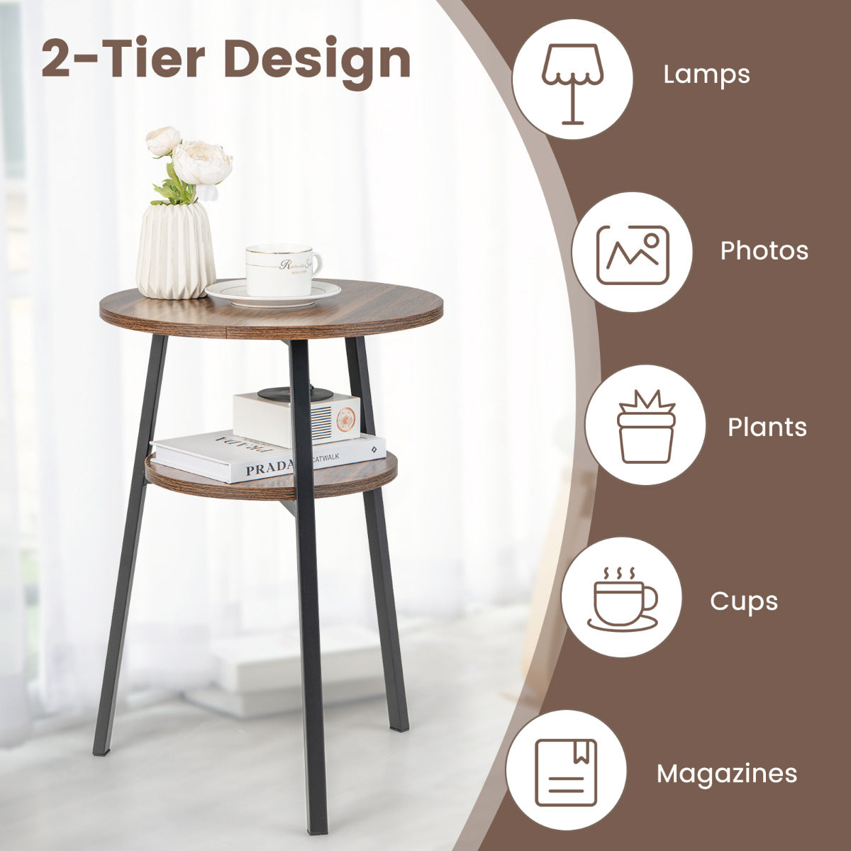 Costway Bijzettafel met 2 Niveaus Rond Nachtkastje met Metalen Frame Salontafel 39 x 39 x 55 cm (Vintage)
