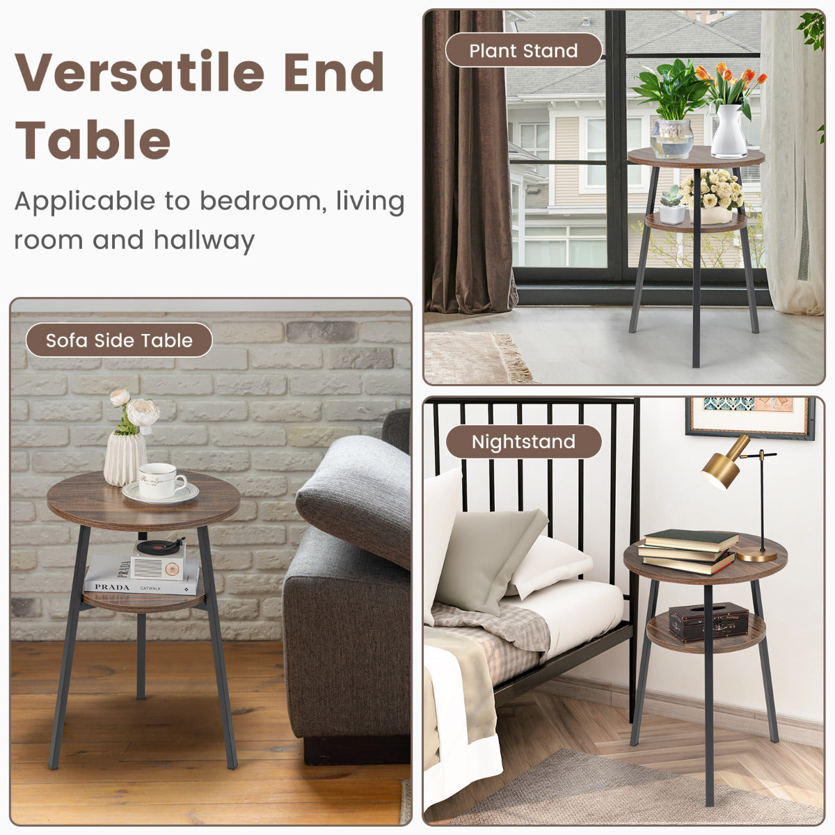 Costway Bijzettafel met 2 Niveaus Rond Nachtkastje met Metalen Frame Salontafel 39 x 39 x 55 cm (Vintage)