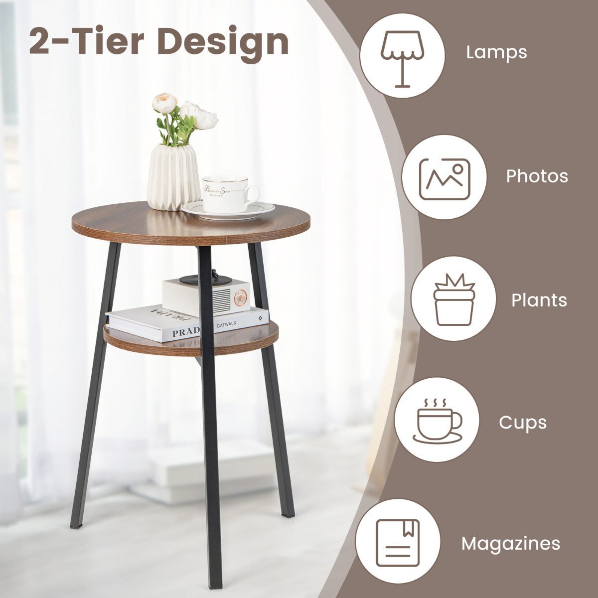 Costway Bijzettafel met 2 Niveaus Rond Nachtkastje met Metalen Frame Salontafel 39 x 39 x 55 cm (Walnoot)