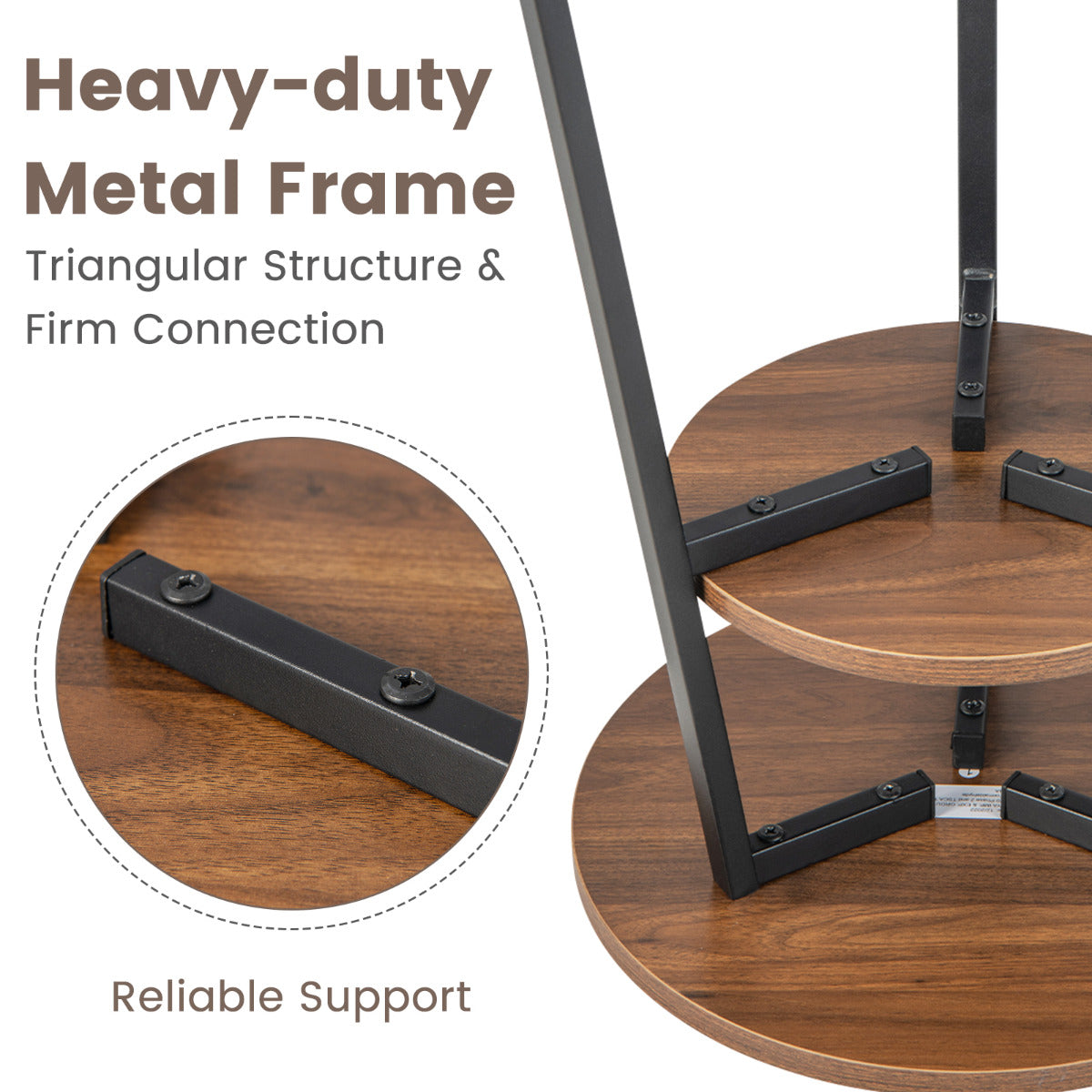 Costway Bijzettafel met 2 Niveaus Rond Nachtkastje met Metalen Frame Salontafel 39 x 39 x 55 cm (Walnoot)