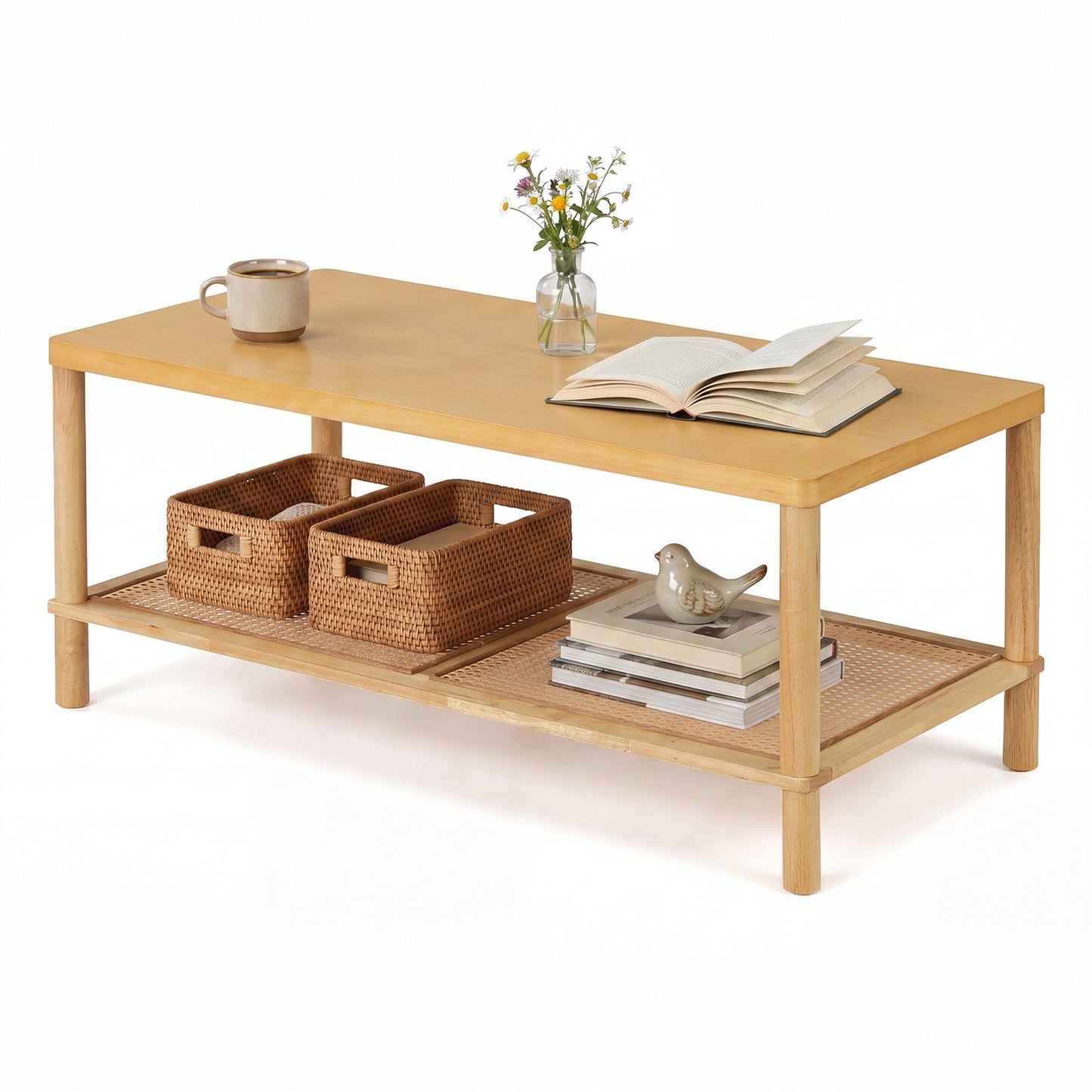 Costway Bijzettafel van Hout Rechthoekige Salontafel met Rattan Opbergruimte Salontafel met Verstelbare Poten Kleine Koffietafel Naturel