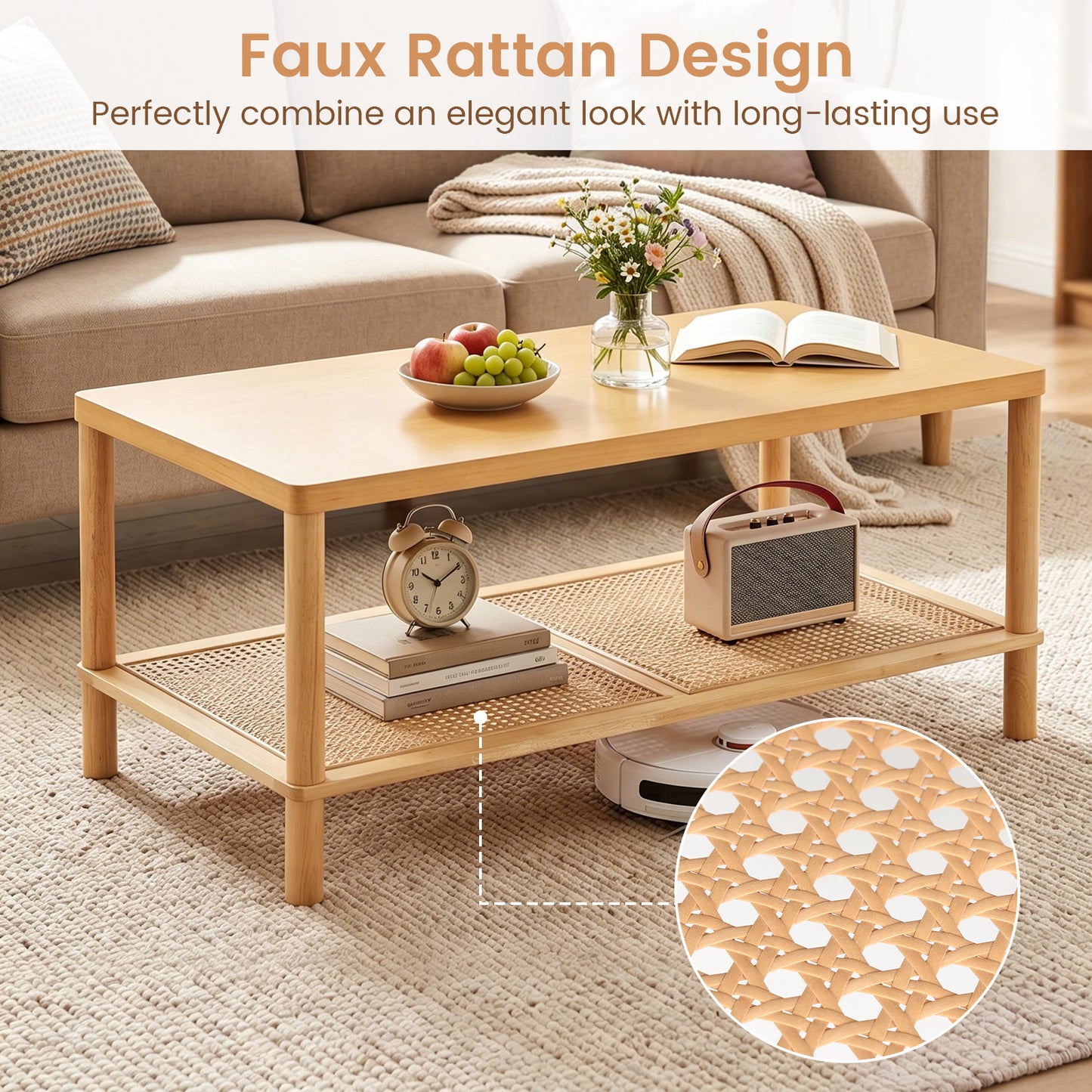 Costway Bijzettafel van Hout Rechthoekige Salontafel met Rattan Opbergruimte Salontafel met Verstelbare Poten Kleine Koffietafel Naturel