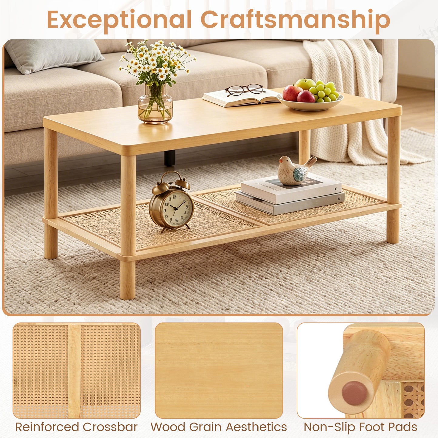 Costway Bijzettafel van Hout Rechthoekige Salontafel met Rattan Opbergruimte Salontafel met Verstelbare Poten Kleine Koffietafel Naturel