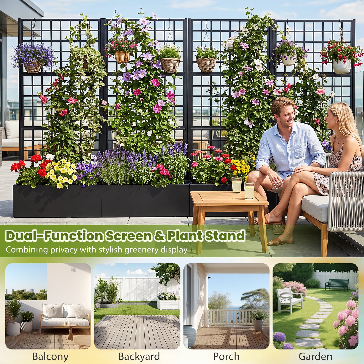 Costway Bloembak Plantenbak met Klimrek Plantenpot van Verzinkt Staal Hoge Bed met 2 Afvoergaten Tuinbed Zichtbescherming voor Tuin Balkon