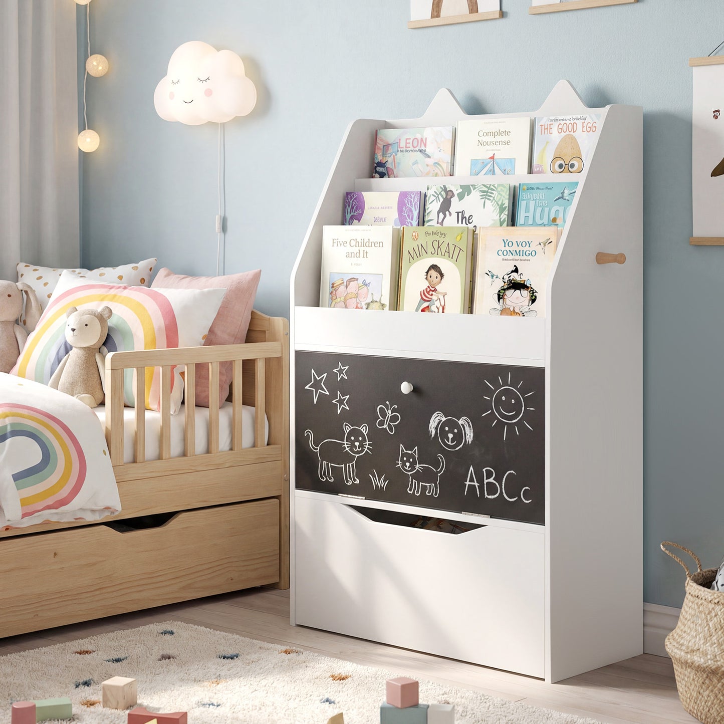 Costway Boekenkast Kind Boekenkast Kast Speelgoedkast met Afneembare Lade met Wielen Kinderboekenrek met Krijtbord Kattenoren Wit