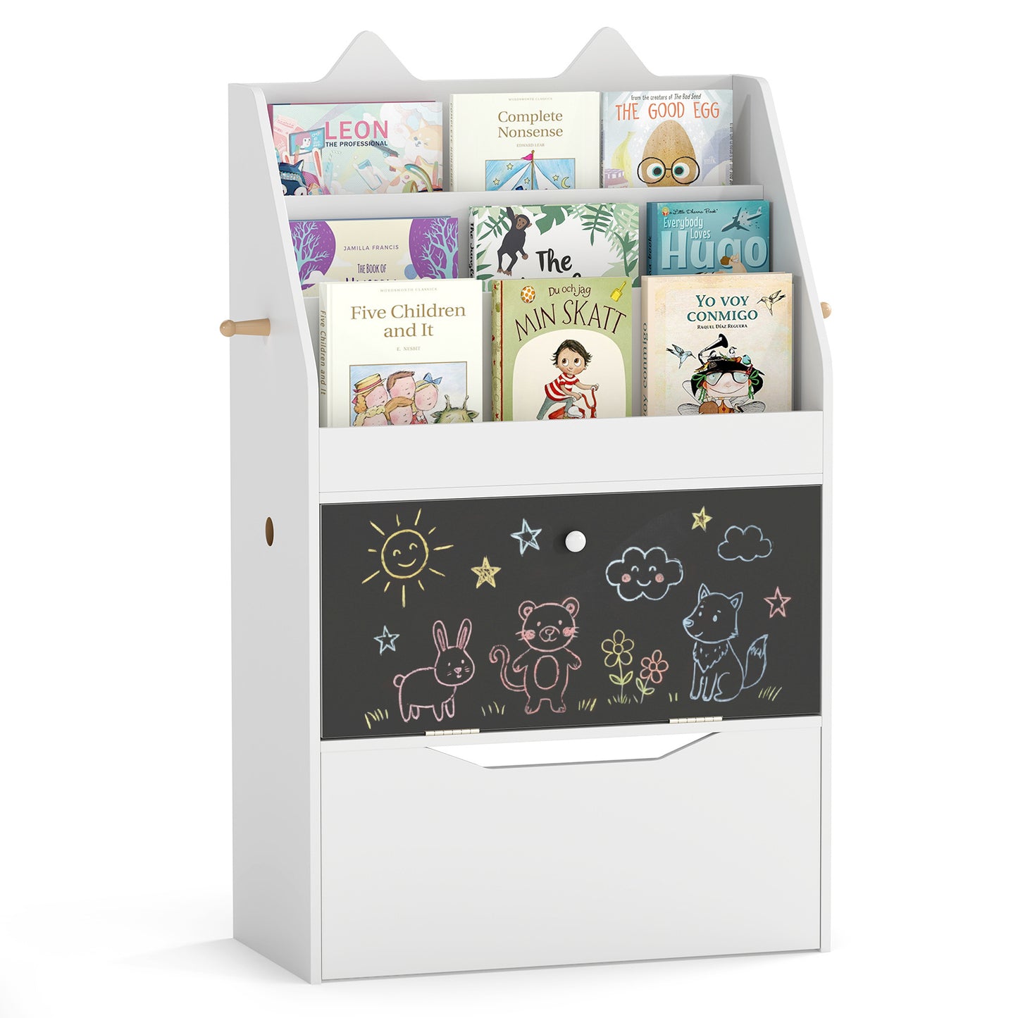 Costway Boekenkast Kind Boekenkast Kast Speelgoedkast met Afneembare Lade met Wielen Kinderboekenrek met Krijtbord Kattenoren Wit