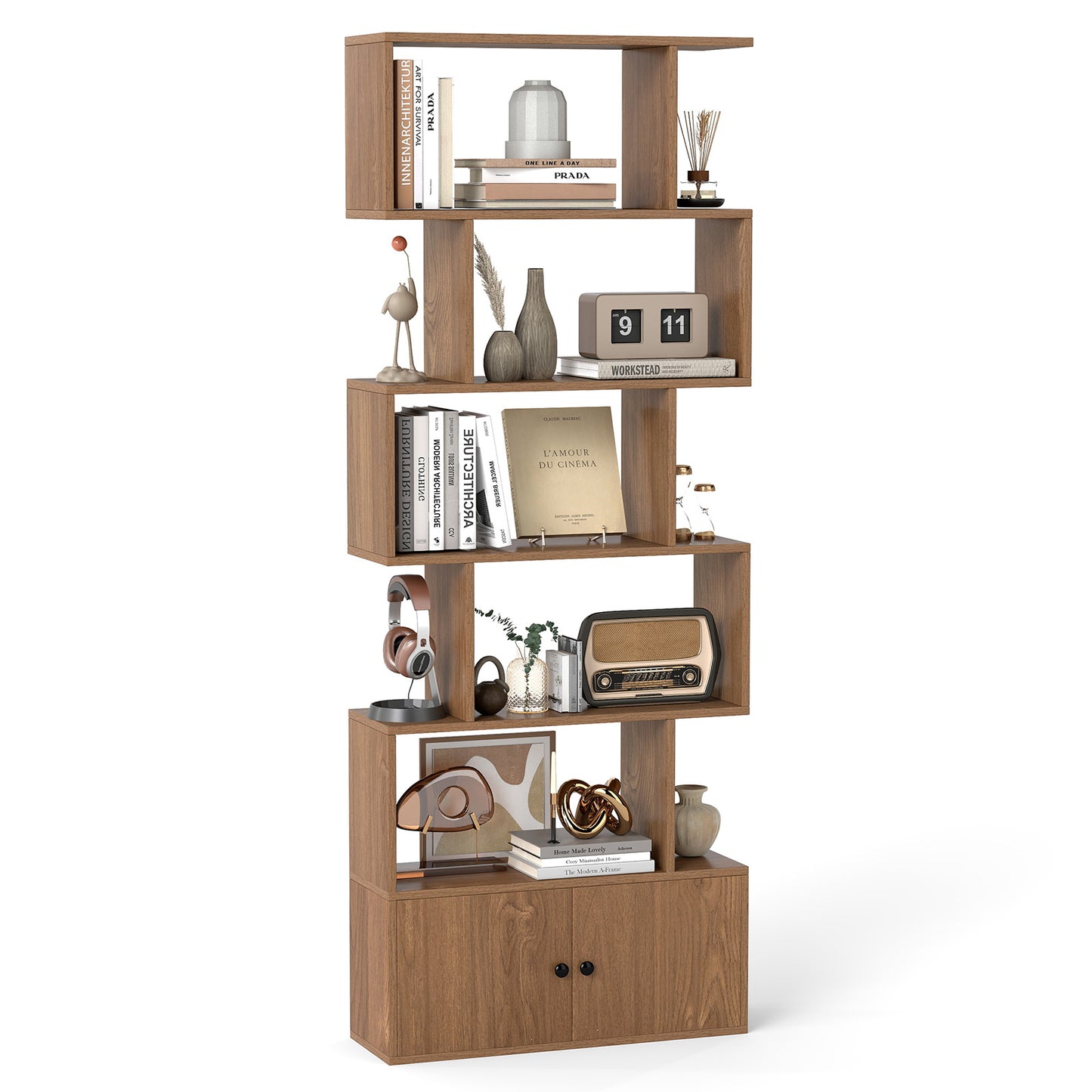 Costway Boekenkast Rek met 5 Niveaus Kantoorrek van Hout Archiefrek Opbergrek voor Woonkamer 183 x 70 x 23 cm Naturel