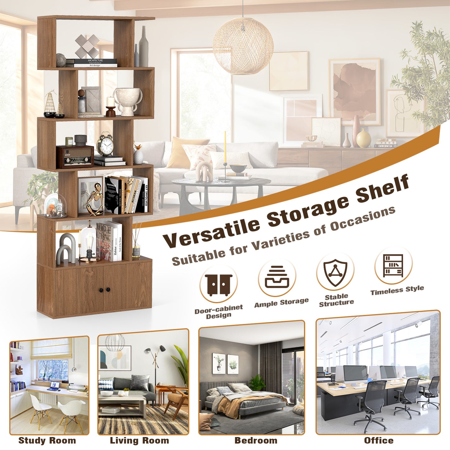 Costway Boekenkast Rek met 5 Niveaus Kantoorrek van Hout Archiefrek Opbergrek voor Woonkamer 183 x 70 x 23 cm Naturel