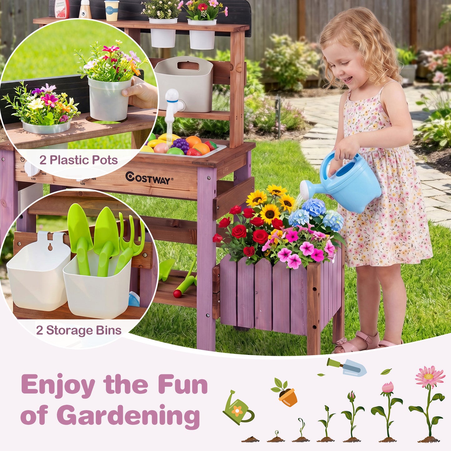 Costway Buitenkeukentje Houten Speelkeuken met Kraan en Spoelbak Kinderkeuken met Plantenbak en Bloempot
