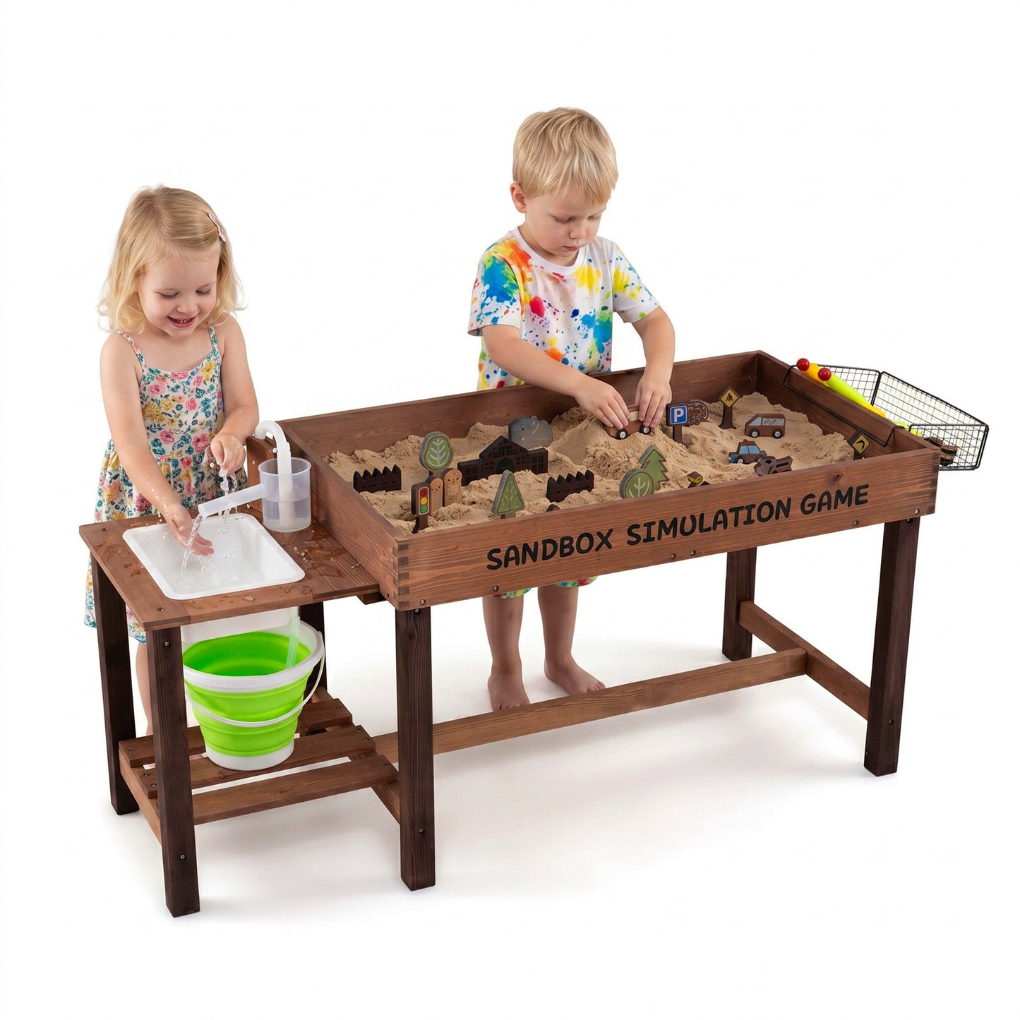Costway Buitenspeelkeuken voor Kinderen Zandbak met Waterpomp Emmer Accessoires & Zandscheppen Waterspeeltafel