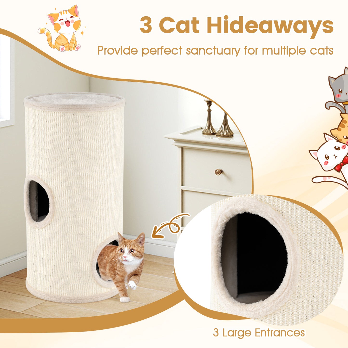 Costway Condo voor Katten met 4 Verdiepingen Multi-level Kattenhuis met Sisal Krabmat Zacht Bed Beige