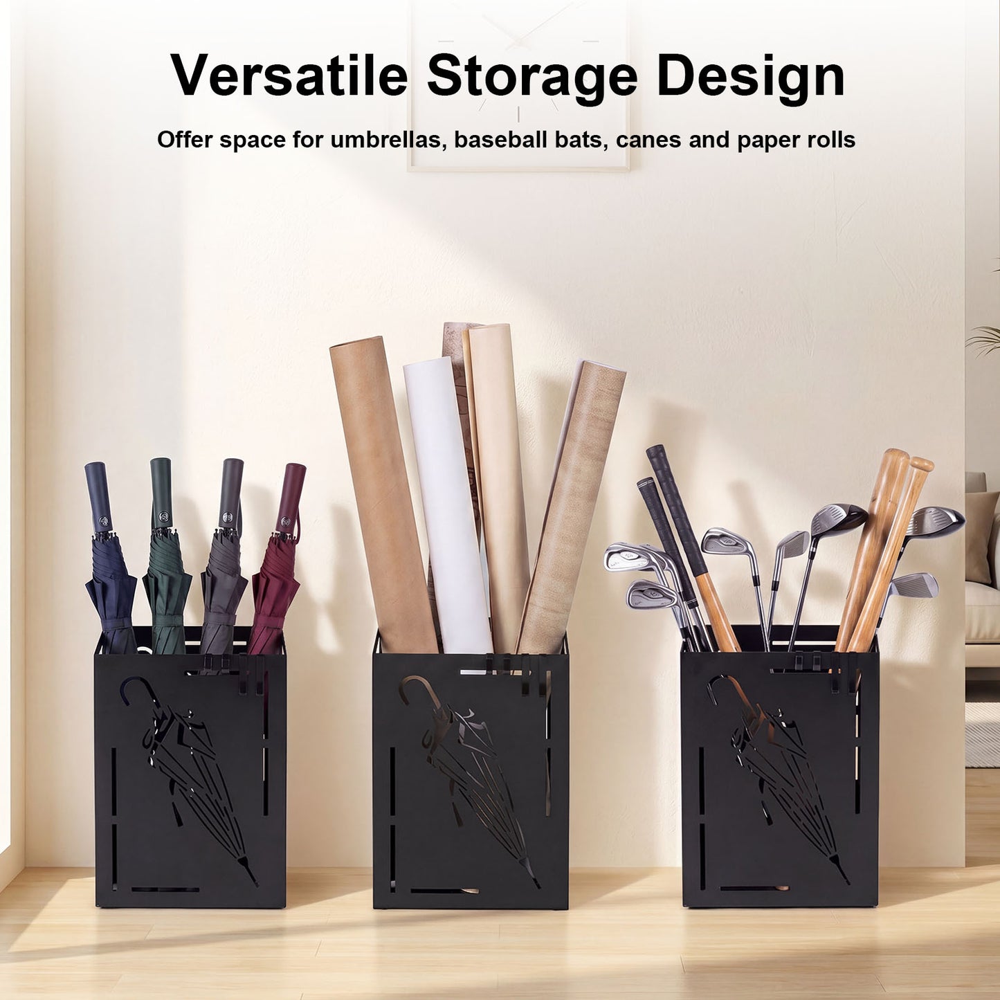 Costway Design Parapluhouder van Metaal met Opengewerkt Patroon Rechthoekige Parapluhouder met Uitneembare Waterbak en 4 Ophanghaken