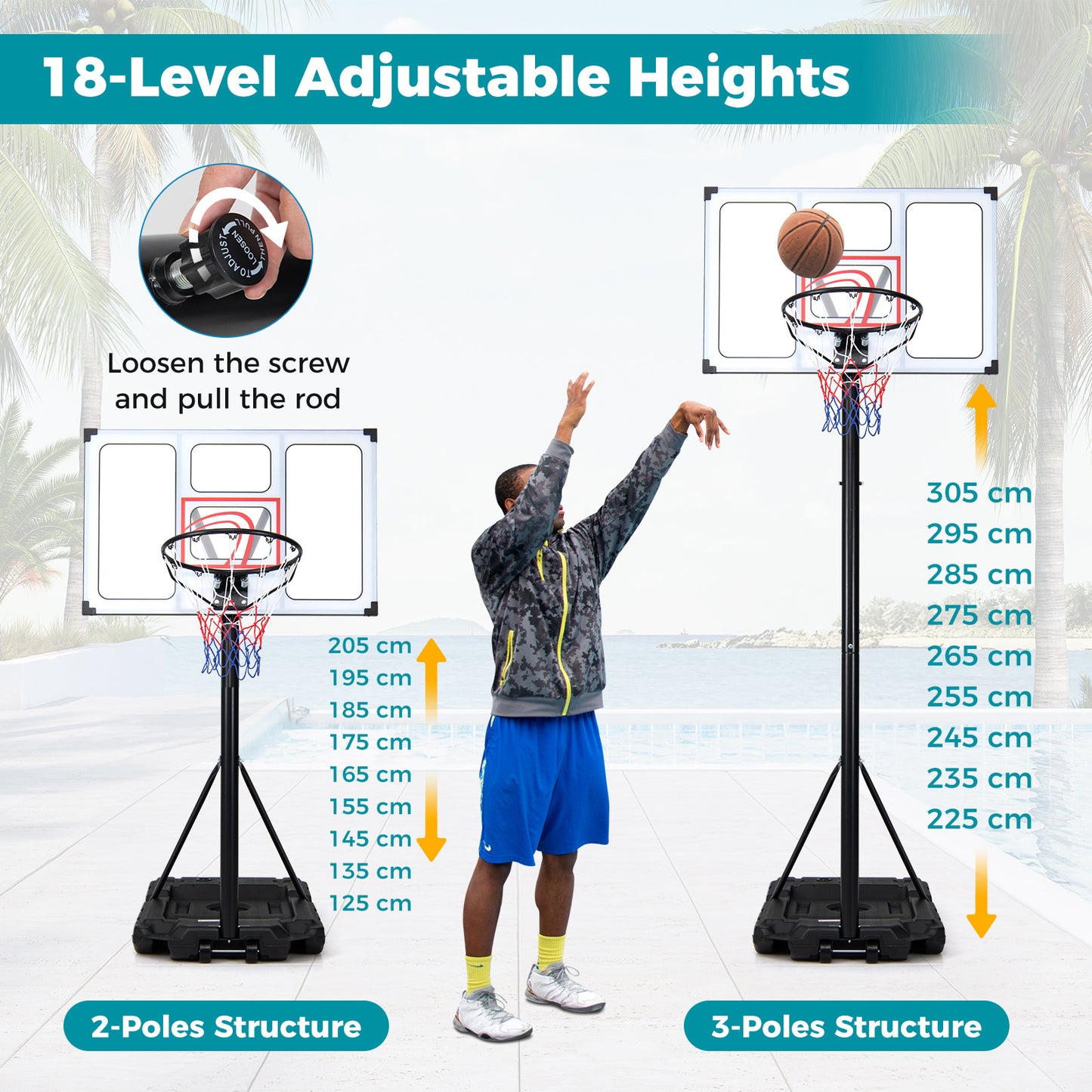 Costway Draagbare Basketbalstandaard 125-305cm Hoogteverstelbare Basket met 108cm Onbreekbare Backboard