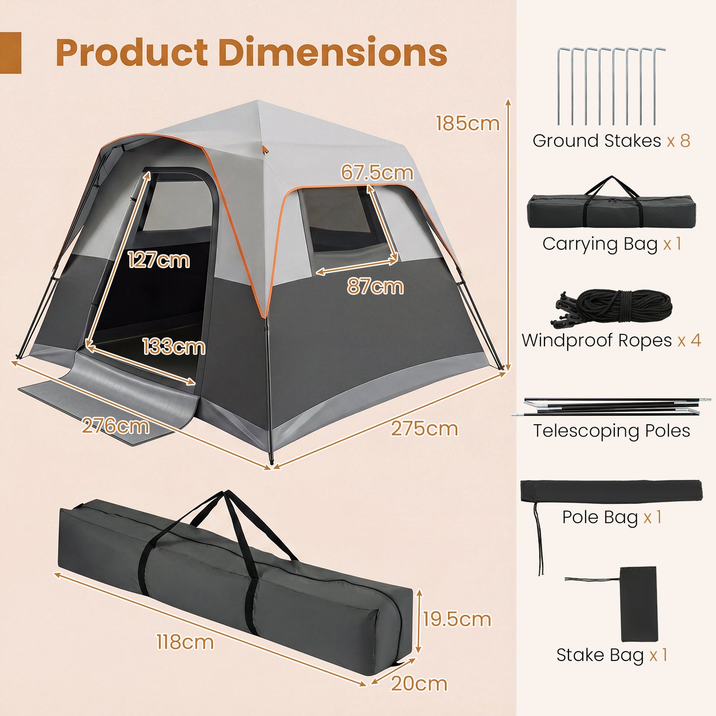 Costway Draagbare Campingtent voor 6 Personen met Regenbescherming Grijs