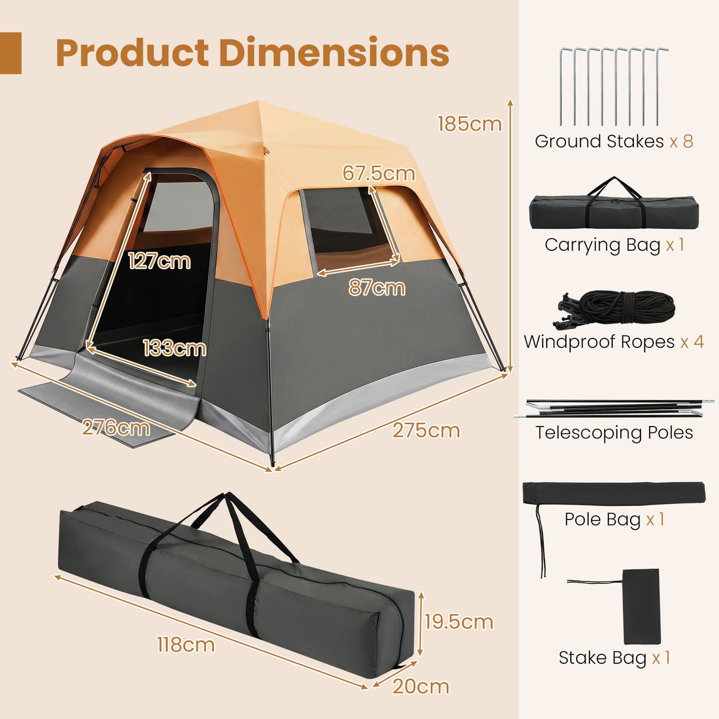 Costway Draagbare Campingtent voor 6 Personen met Regenbescherming Oranje