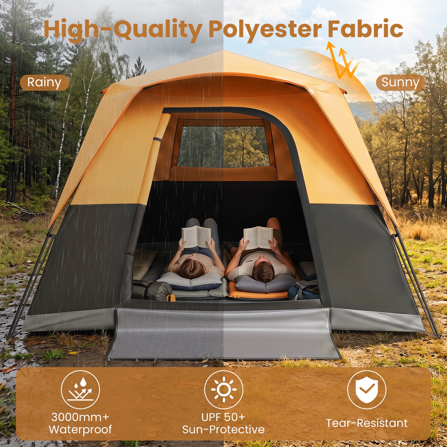 Costway Draagbare Campingtent voor 6 Personen met Regenbescherming Oranje