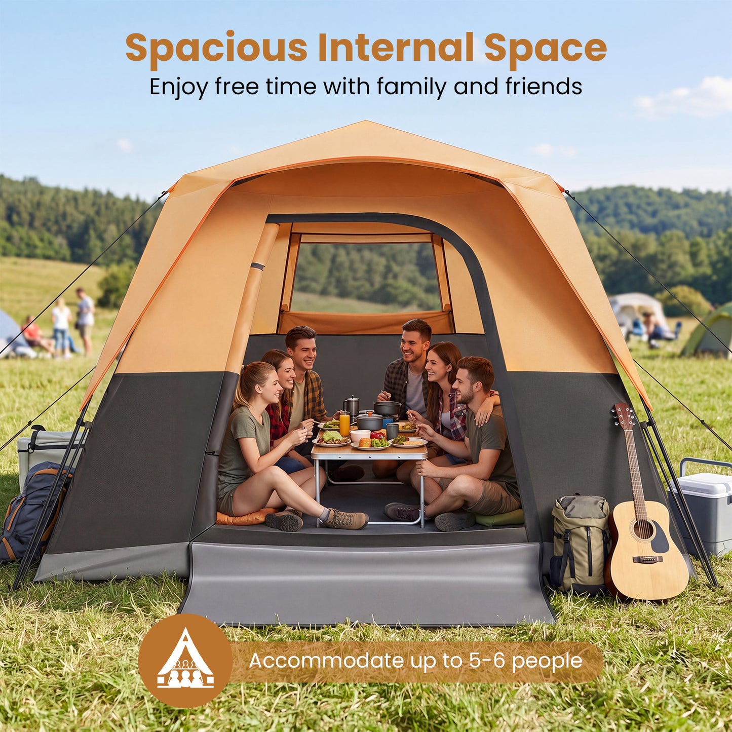 Costway Draagbare Campingtent voor 6 Personen met Regenbescherming Oranje