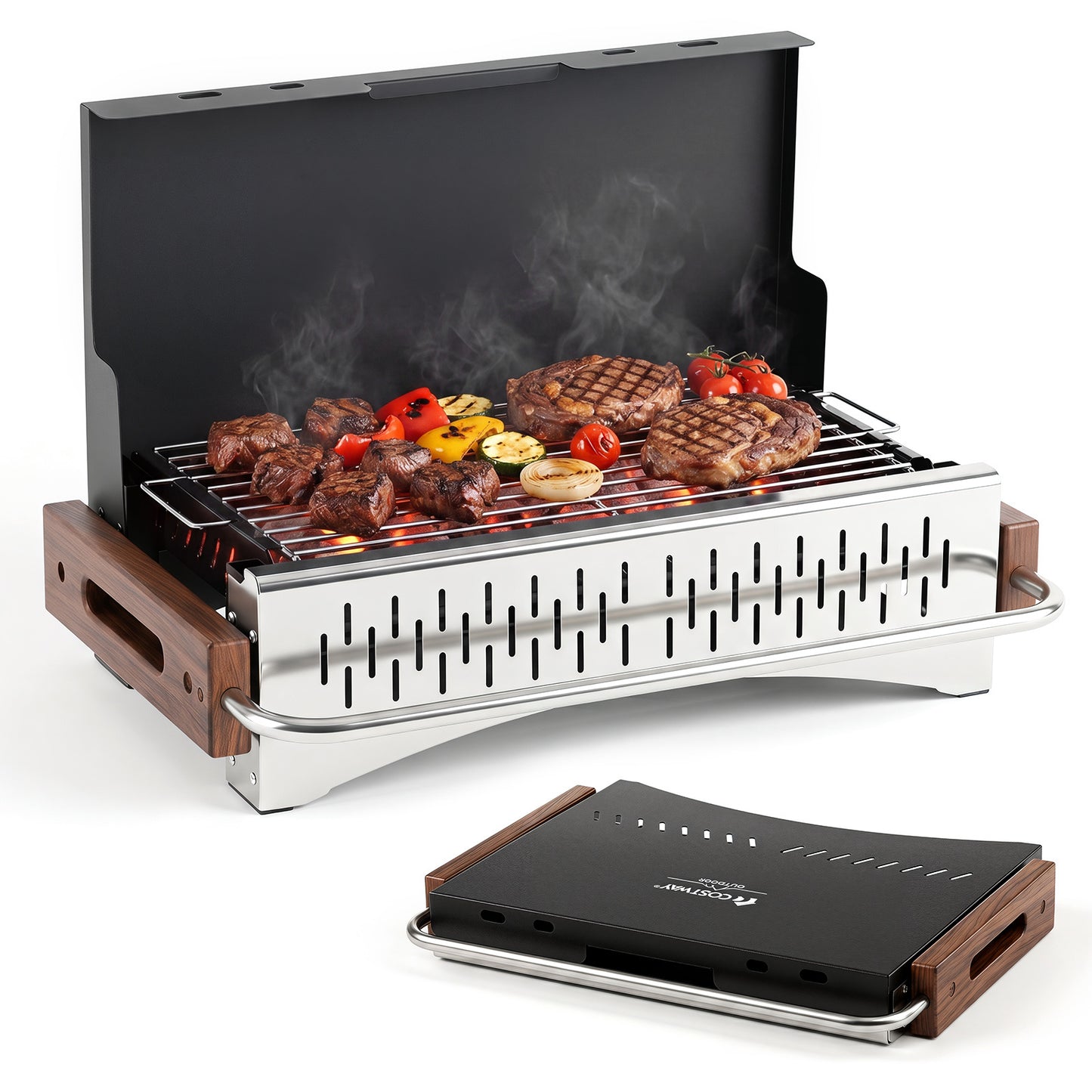 Costway Draagbare Houtskoolbarbecue voor Buiten met Opvouwbaar Rooster 50,5 x 33,5 x 33,5 cm