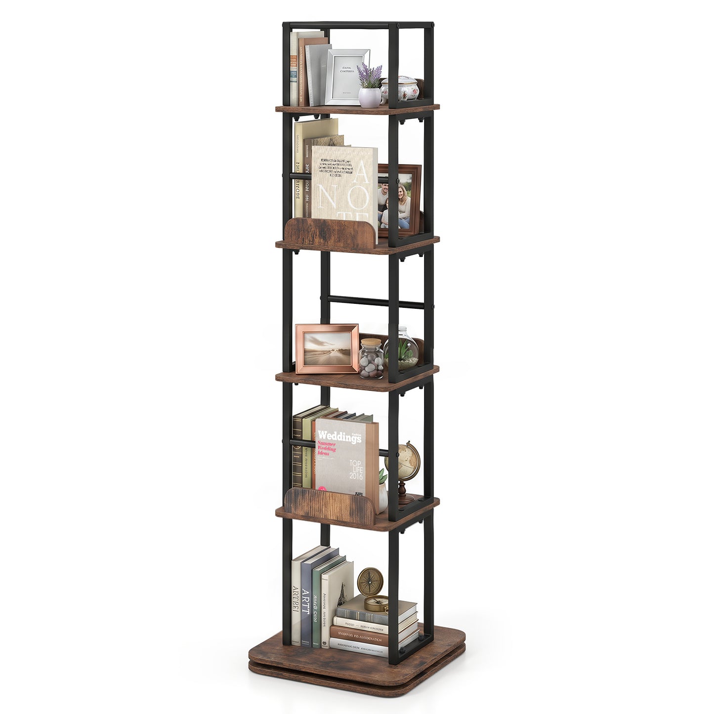 Costway Draaibare Boekenkast Boekenrek met 5 Planken Open Rekken met Zijranden en Valbeveiliging 40 x 40 x 148,5 cm