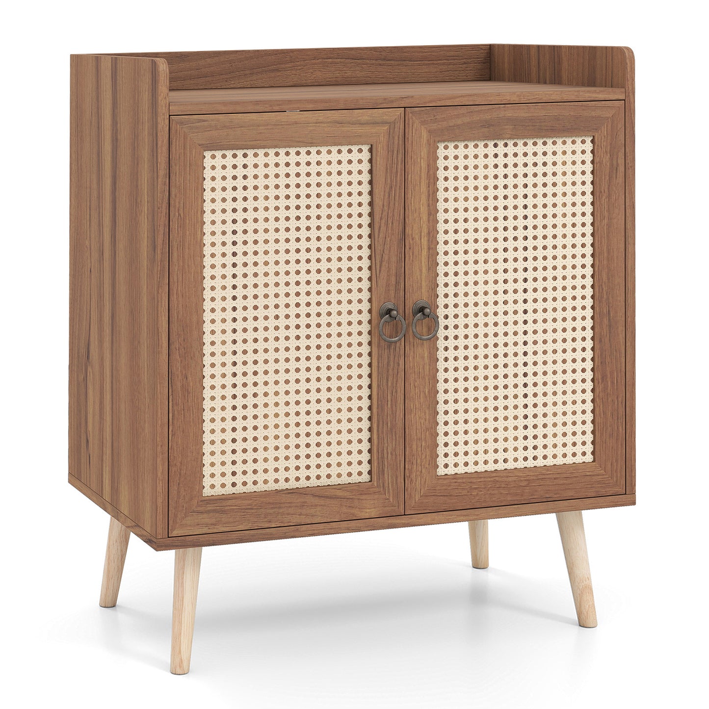 Costway Dressoir met Rattan Deuren Keuken Kast van Hout met Werkblad & Verstelbare Planken Buffetkast met Kantelbeveiliging Bruin