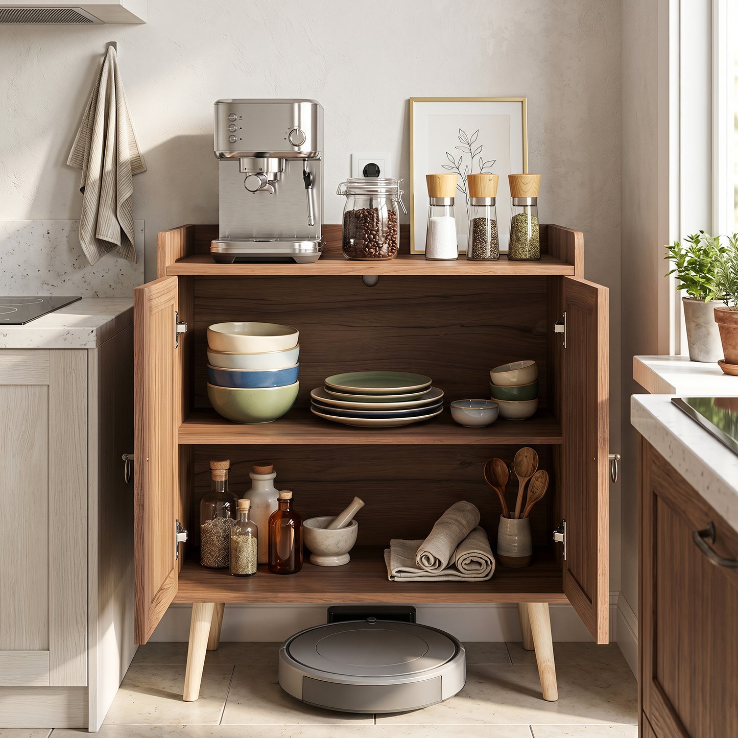 Costway Dressoir met Rattan Deuren Keuken Kast van Hout met Werkblad & Verstelbare Planken Buffetkast met Kantelbeveiliging Bruin