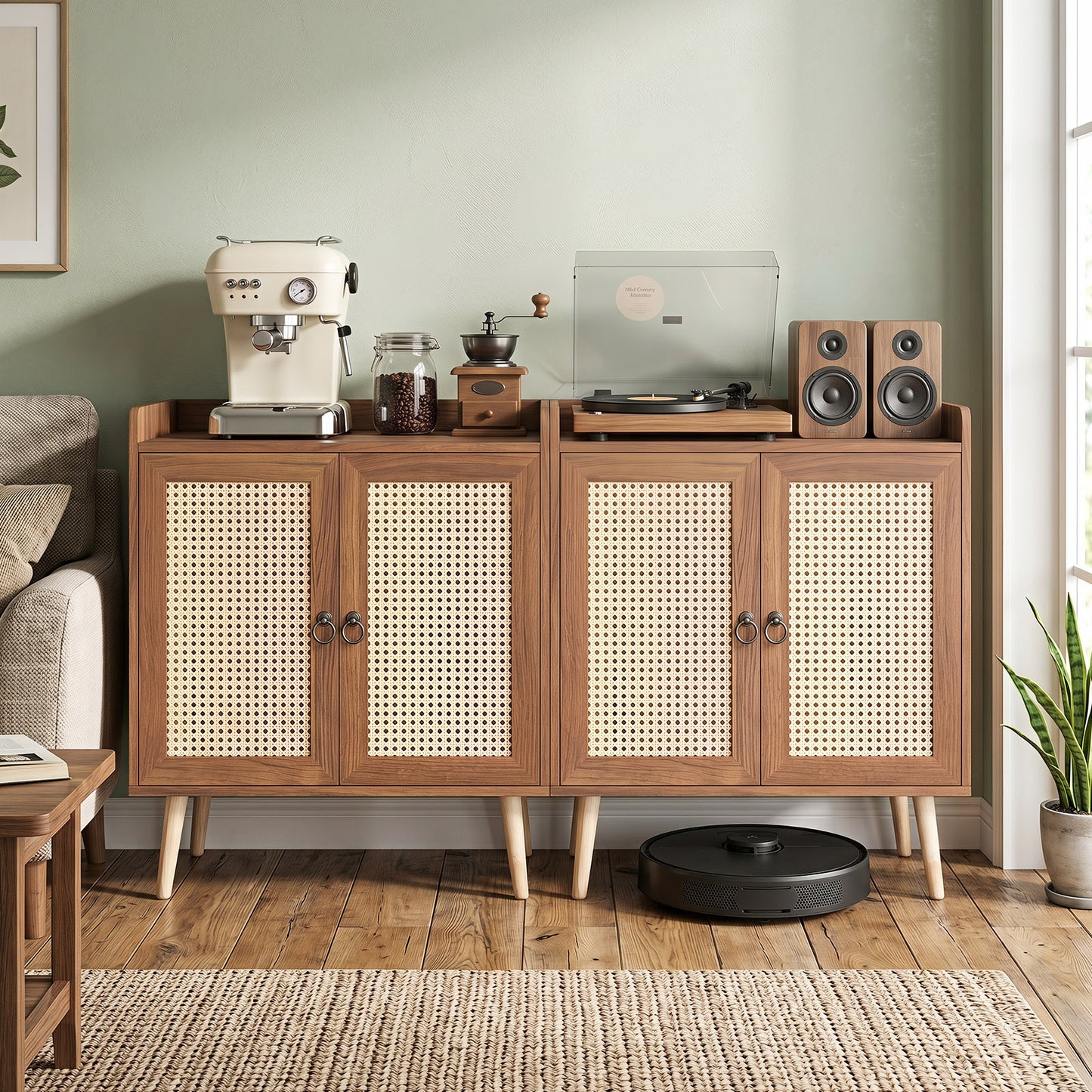 Costway Dressoir met Rattan Deuren Keuken Kast van Hout met Werkblad & Verstelbare Planken Buffetkast met Kantelbeveiliging Bruin