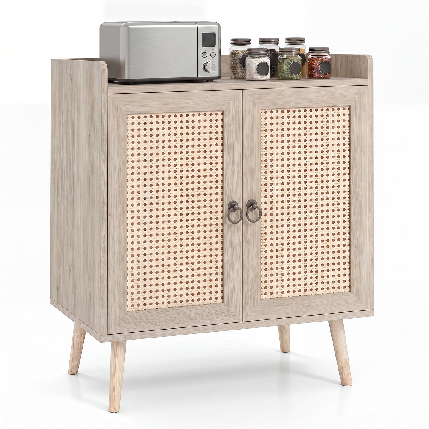 Costway Dressoir met Rotan Deuren Keukenkast van Hout met Werkblad & Verstelbare Planken