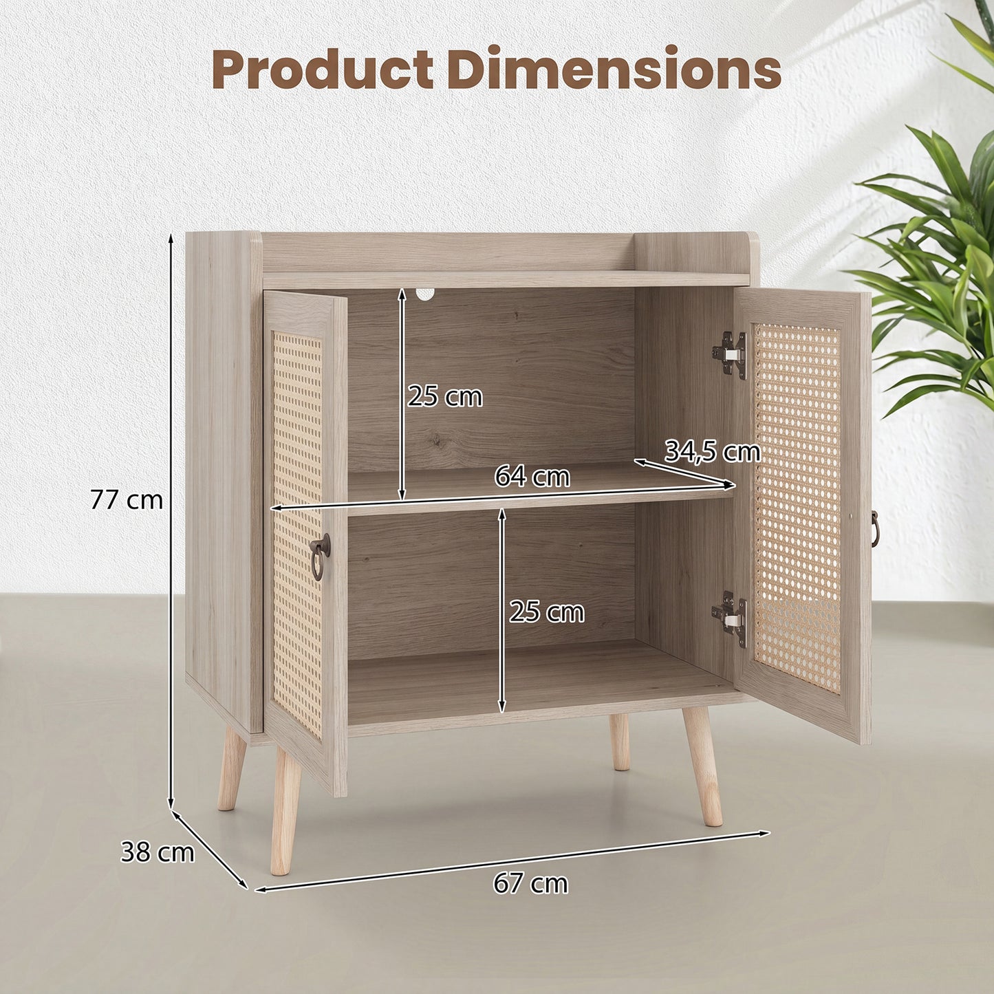 Costway Dressoir met Rotan Deuren Keukenkast van Hout met Werkblad & Verstelbare Planken
