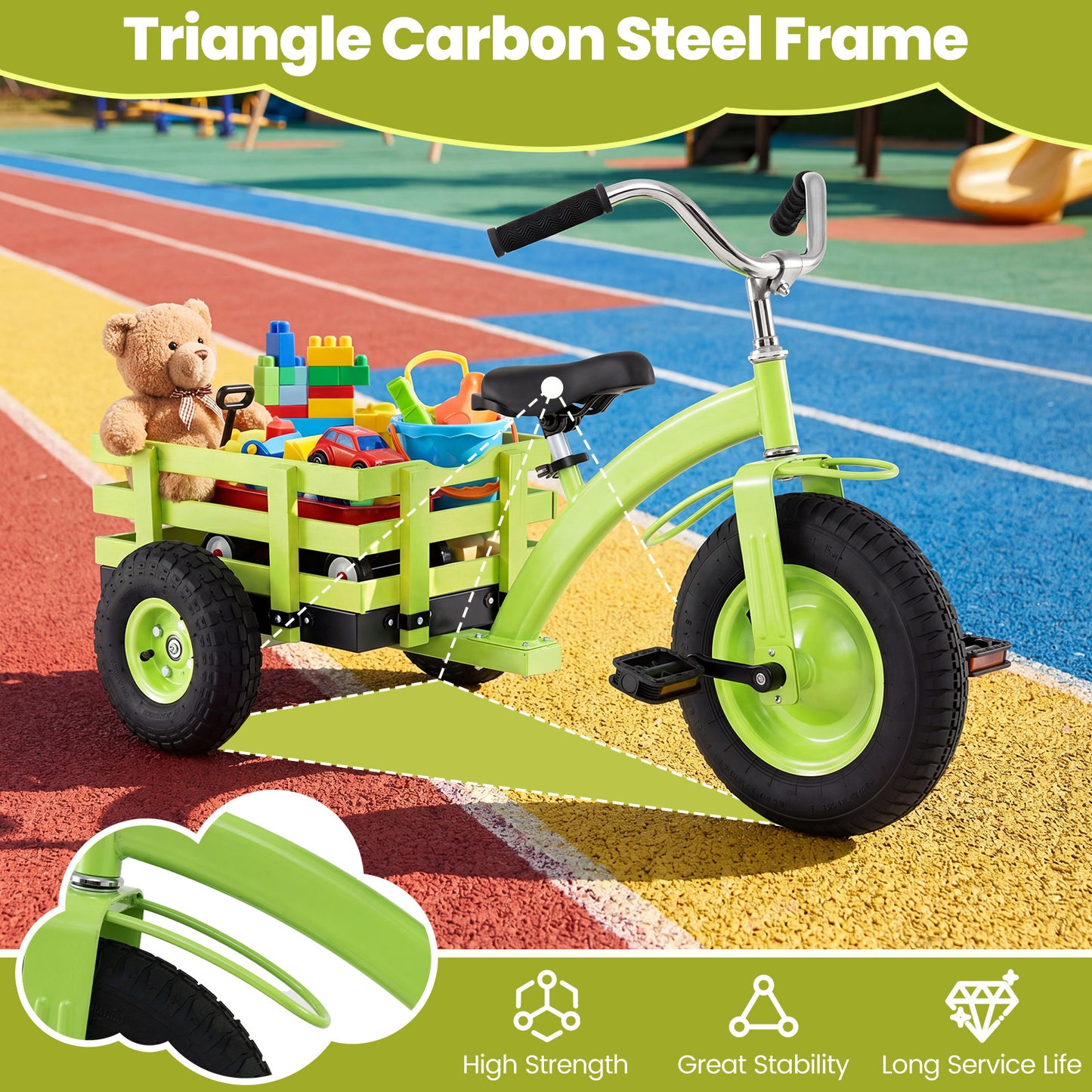 Costway Driewieler Kinderfiets met Verstelbare Zitting en Stuur Loopfiets met Schokabsorberende Rubberen Banden en Pedalen Kinderdriwiel Groen