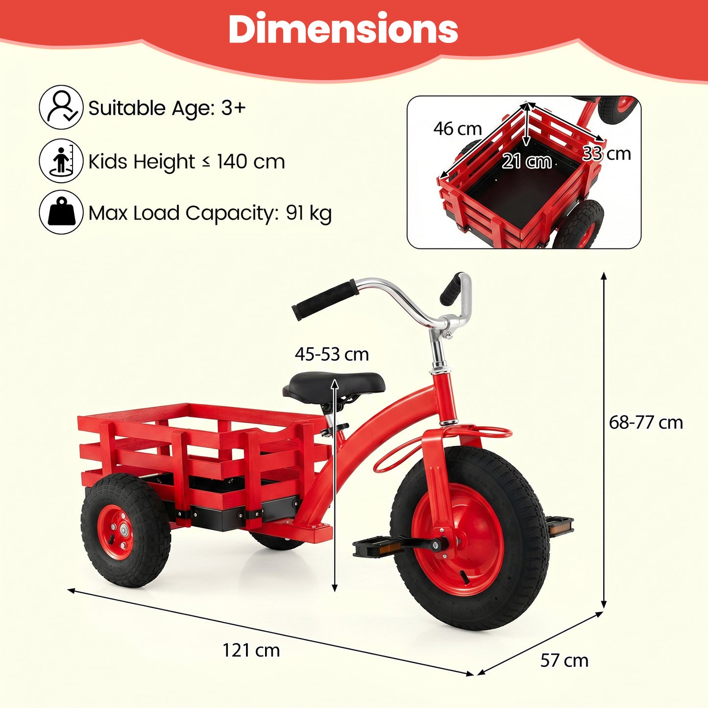 Costway Driewieler Kinderfiets met Verstelbare Zitting en Stuur Loopfiets met Schokabsorberende Rubberen Banden en Pedalen Kinderdriwiel Rood