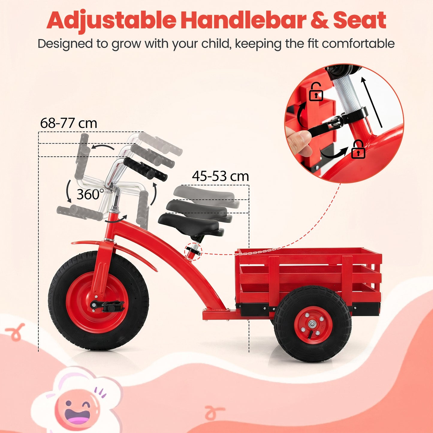 Costway Driewieler Kinderfiets met Verstelbare Zitting en Stuur Loopfiets met Schokabsorberende Rubberen Banden en Pedalen Kinderdriwiel Rood