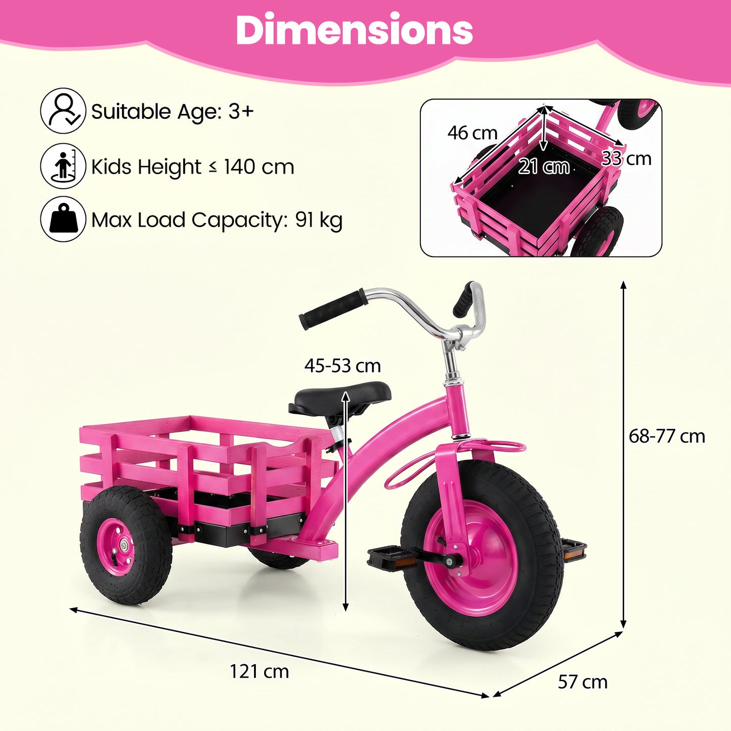 Costway Driewieler Kinderfiets met Verstelbare Zitting en Stuur Loopfiets met Schokabsorberende Rubberen Banden en Pedalen Kinderdriwiel Roze