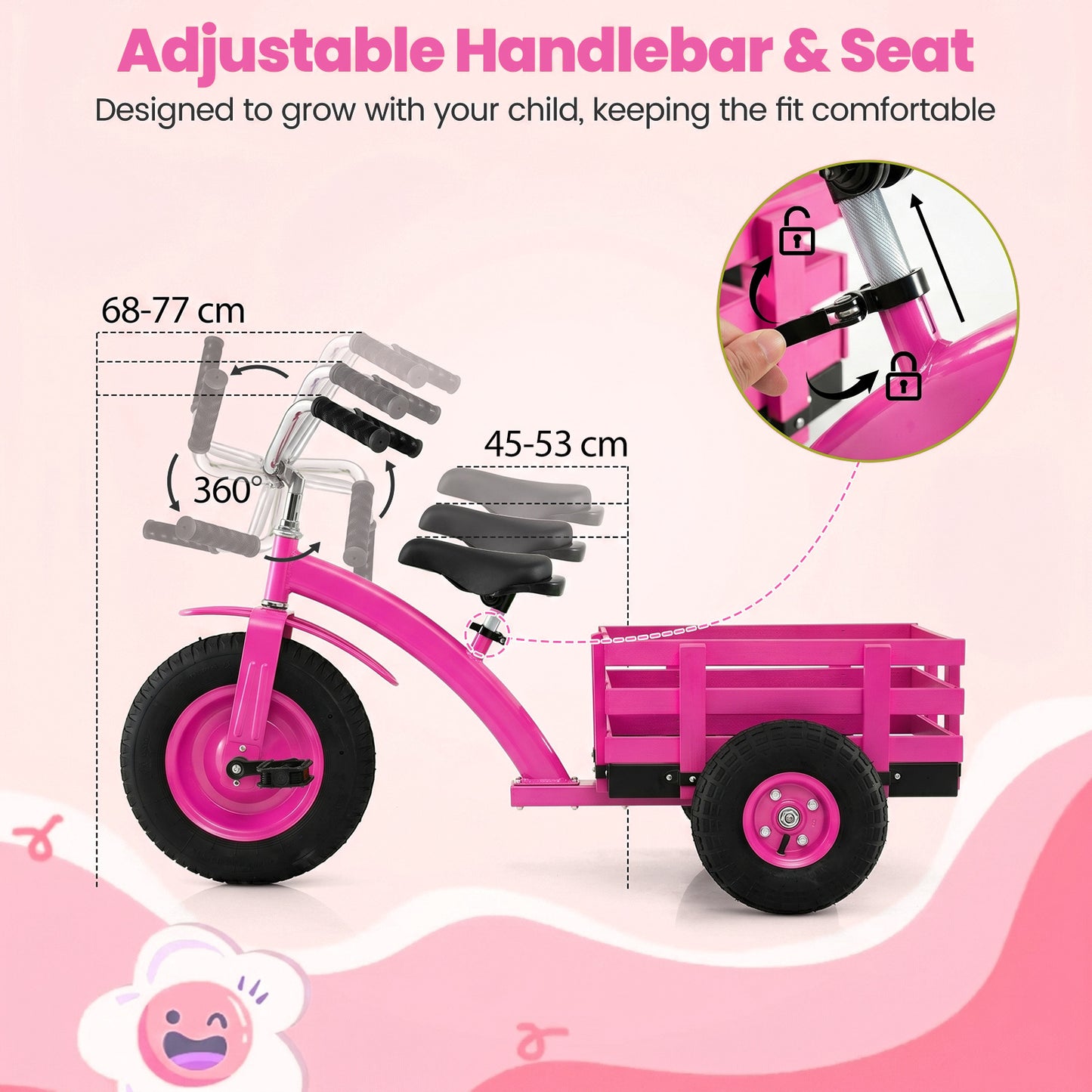 Costway Driewieler Kinderfiets met Verstelbare Zitting en Stuur Loopfiets met Schokabsorberende Rubberen Banden en Pedalen Kinderdriwiel Roze
